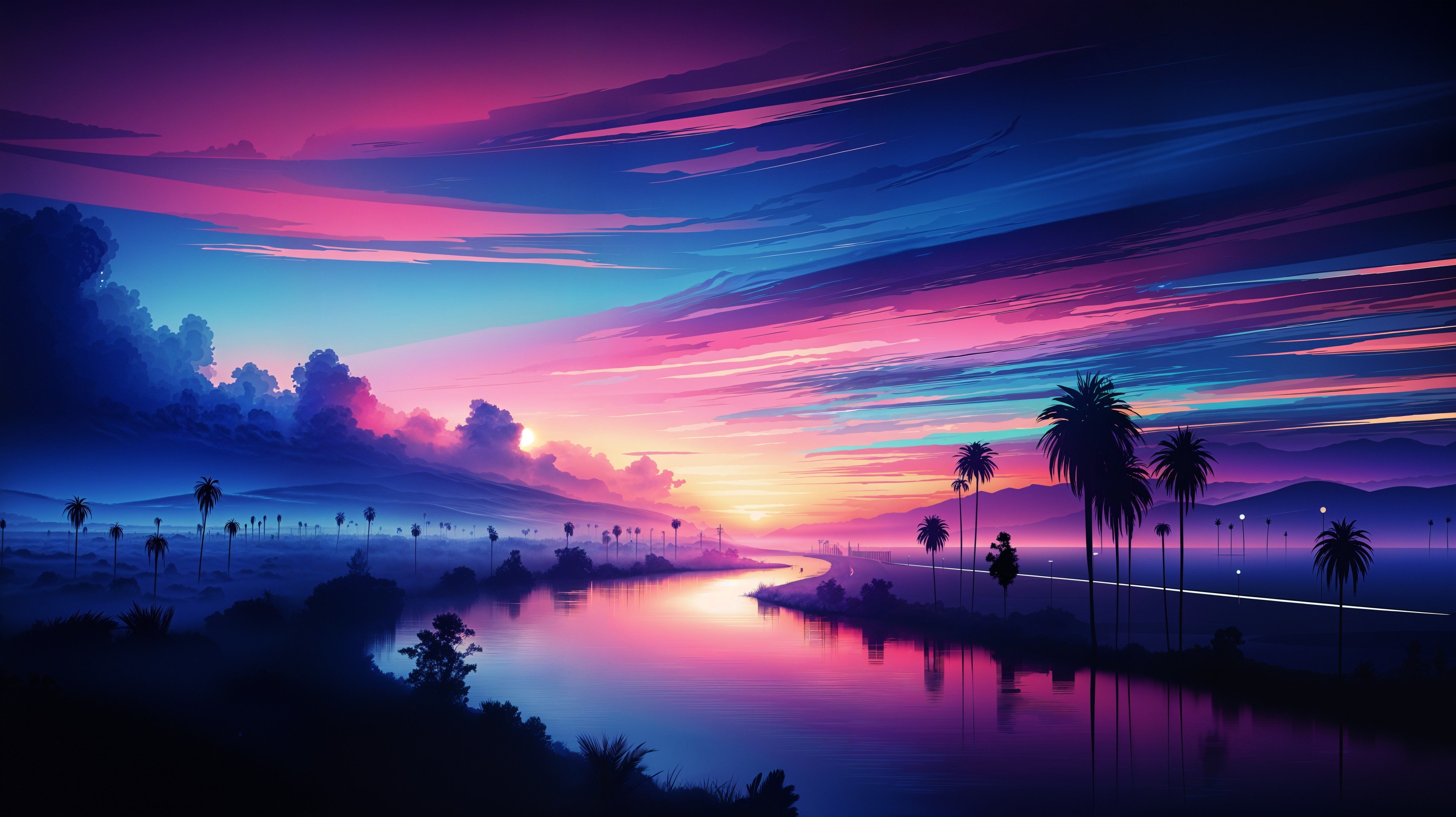 Twilight Landscape with Serene River and Silhouetted Trees