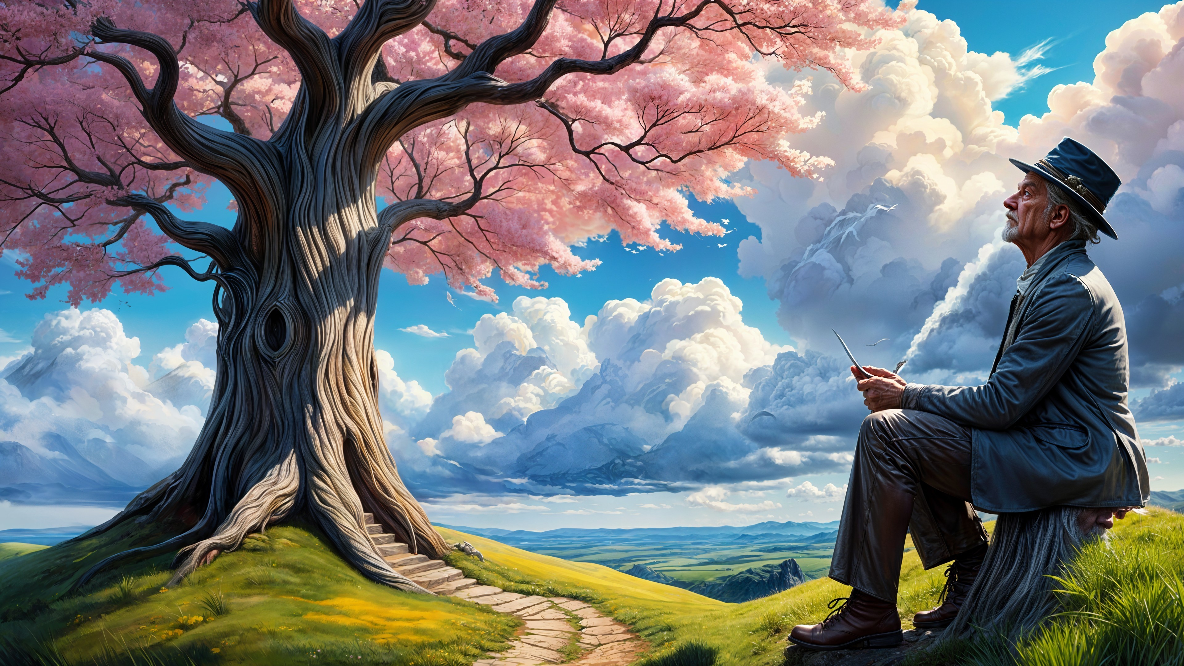 Man with a hat under cherry blossom tree on hill