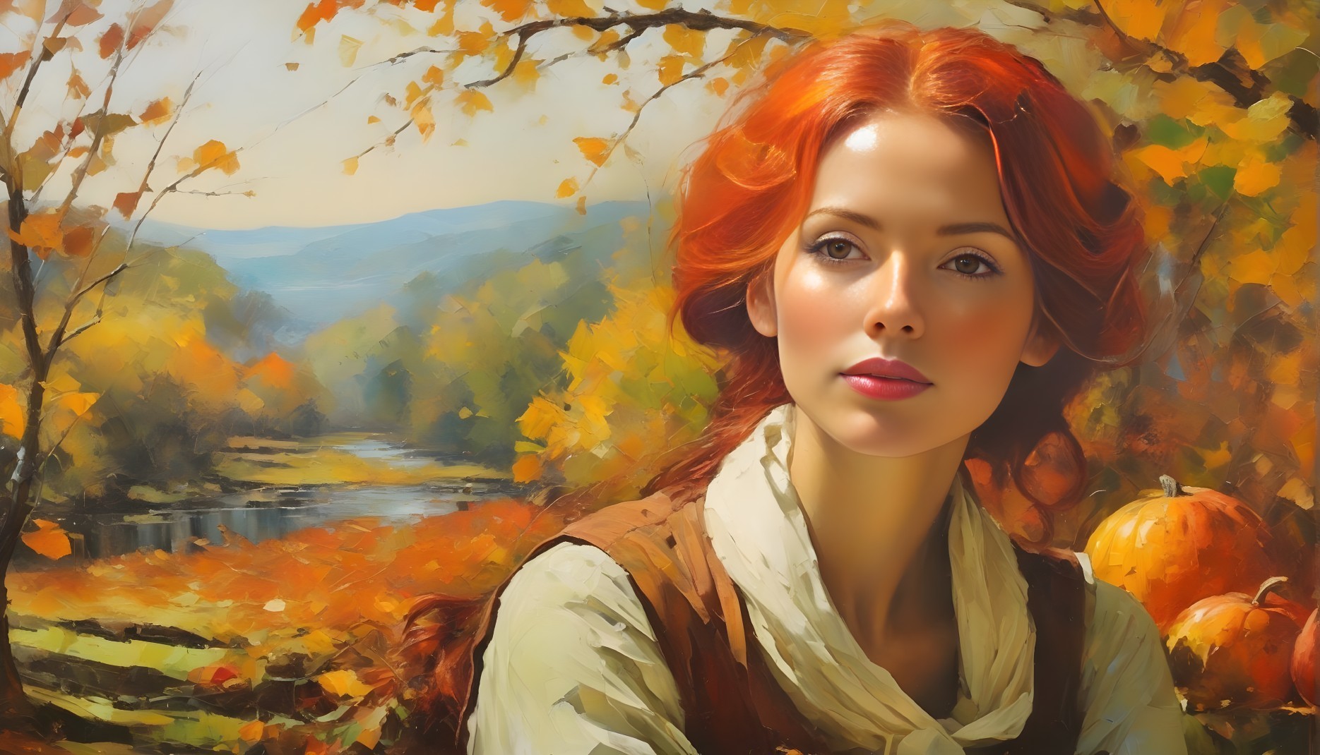 Autumn Landscape with Young Woman and Pumpkins