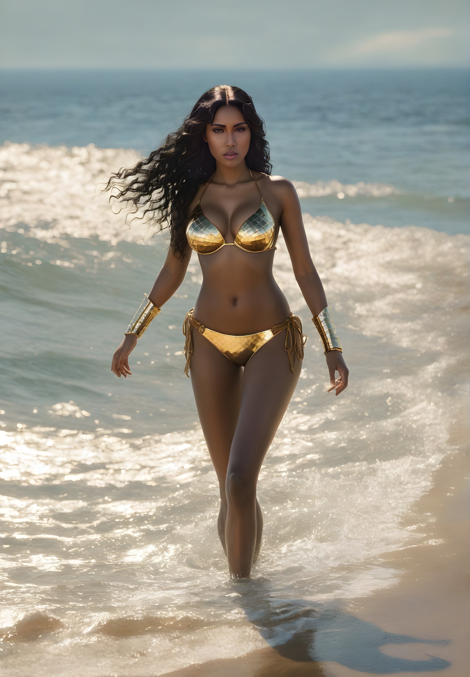 Confident Woman in Golden Bikini at Serene Beach