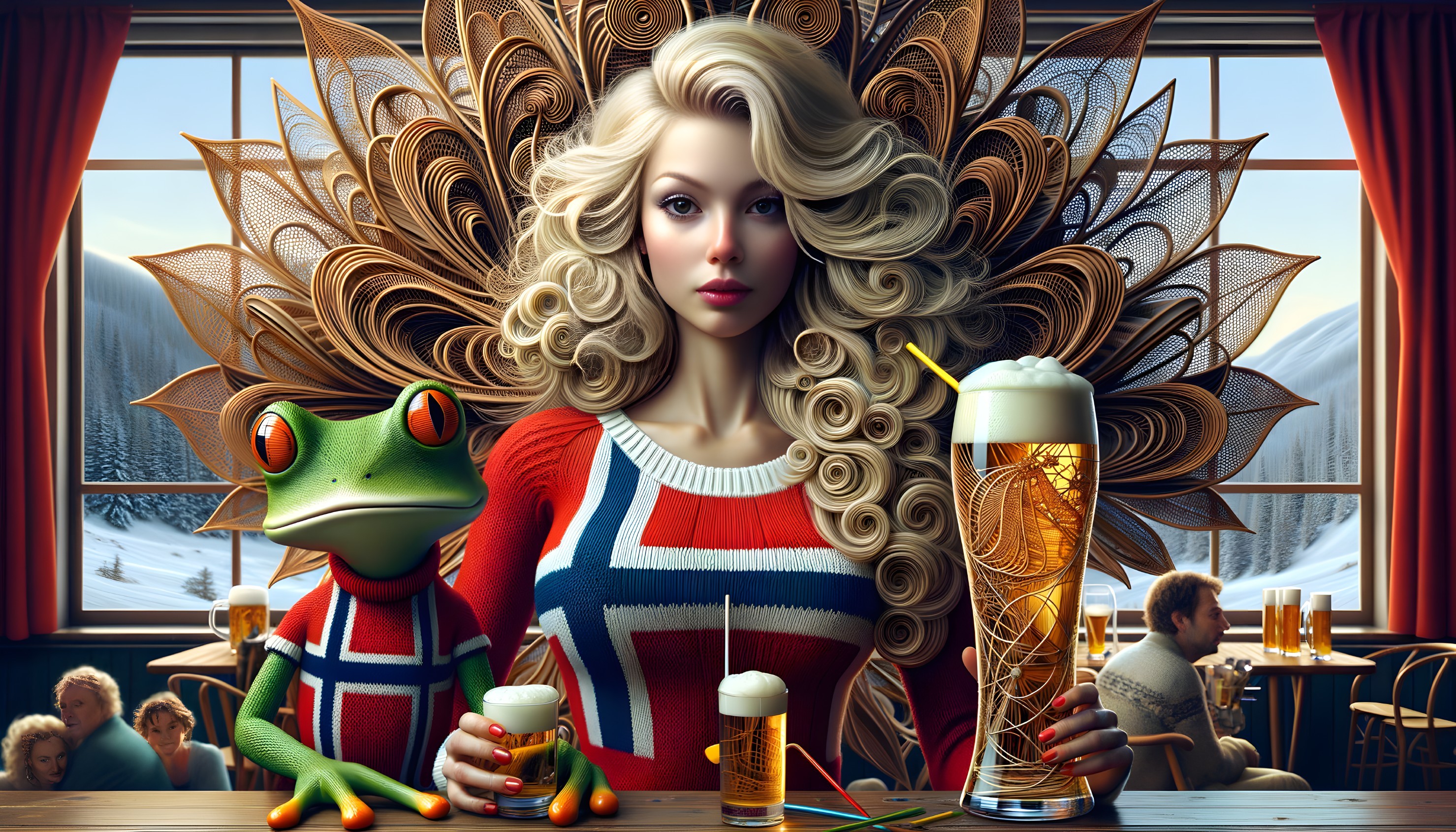 Alpine Tavern Scene with Woman and Frog in Sweaters