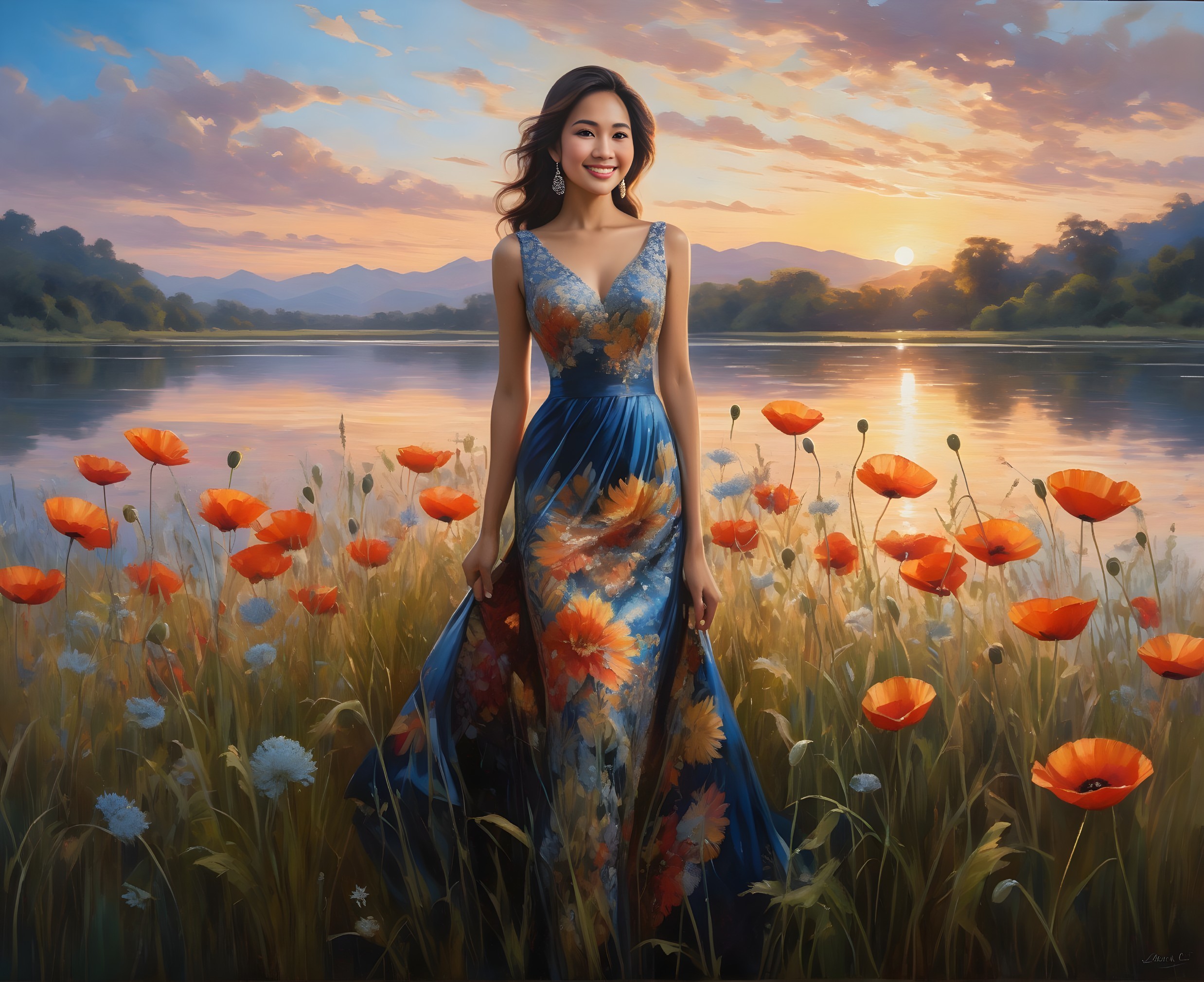 Woman in Floral Gown Amidst Poppies at Sunset