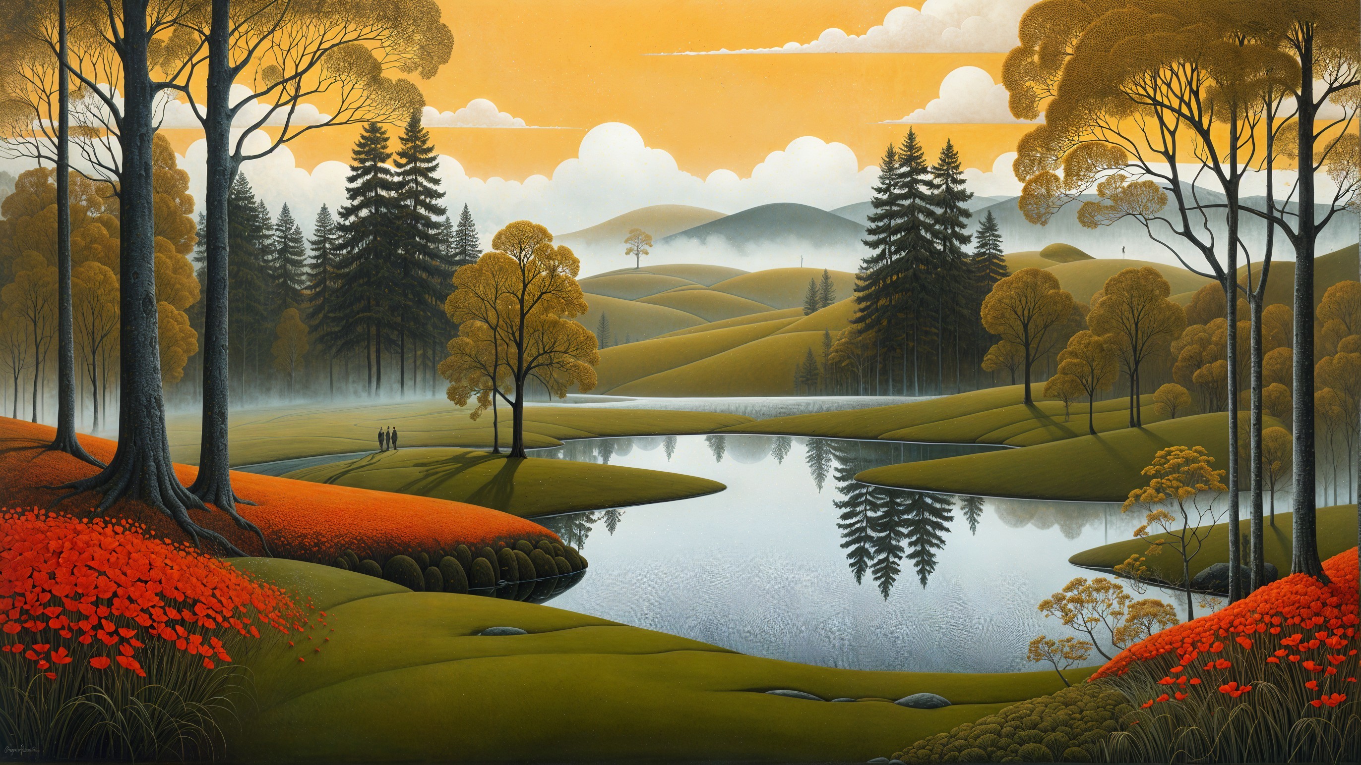 Serene landscape with hills, lake, and misty figures