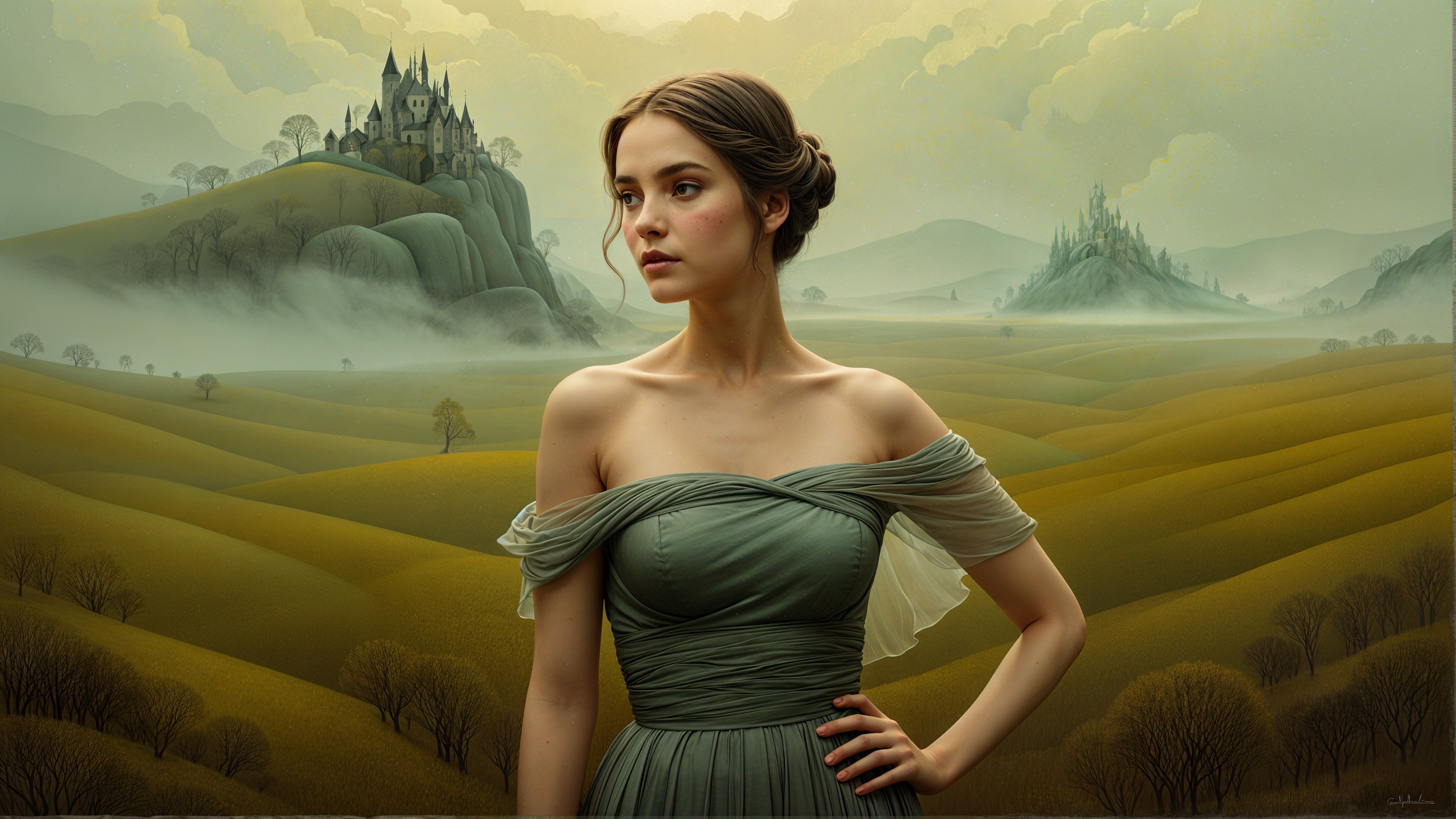 Young Woman in Green Gown Against Mystical Landscape