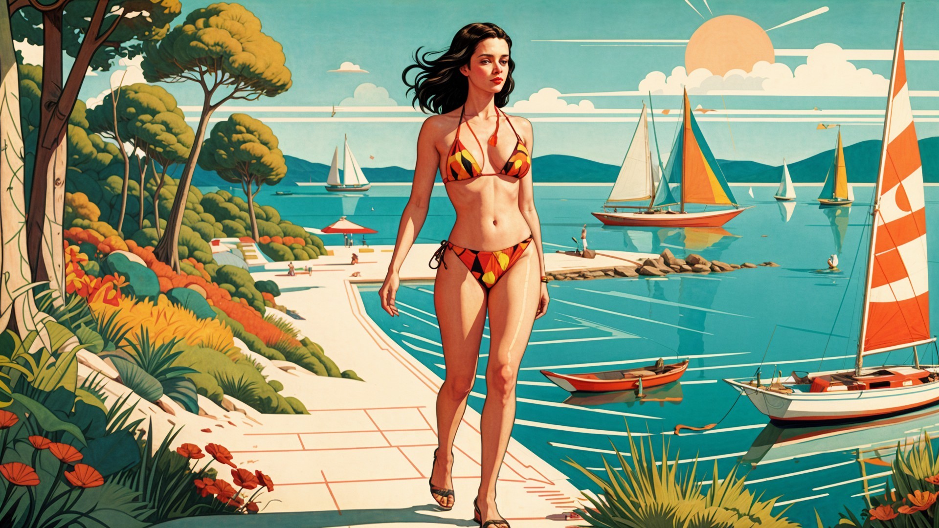 Colorful Bikini Woman on Serene Beach at Sunset