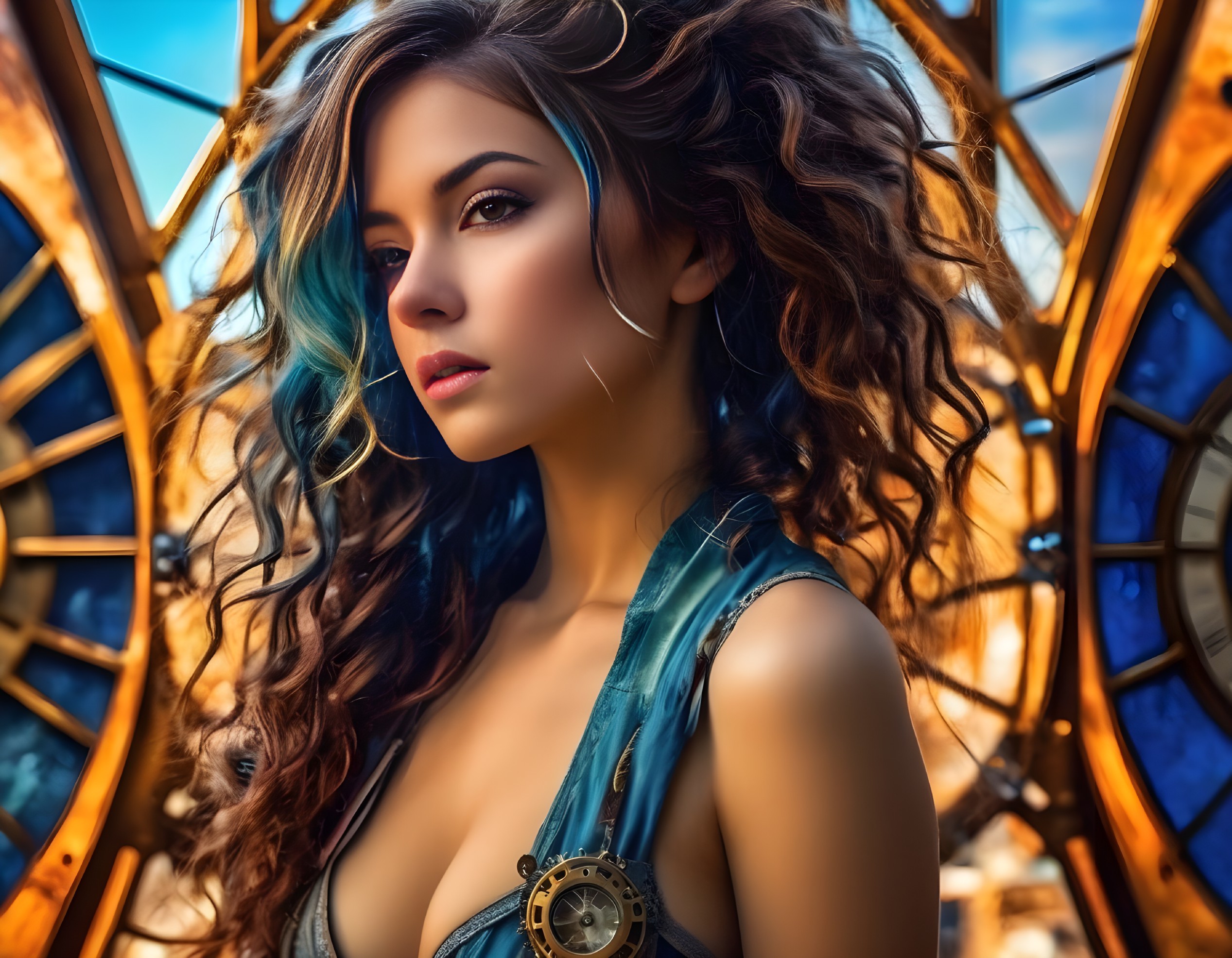 Young woman with curly hair and steampunk attire