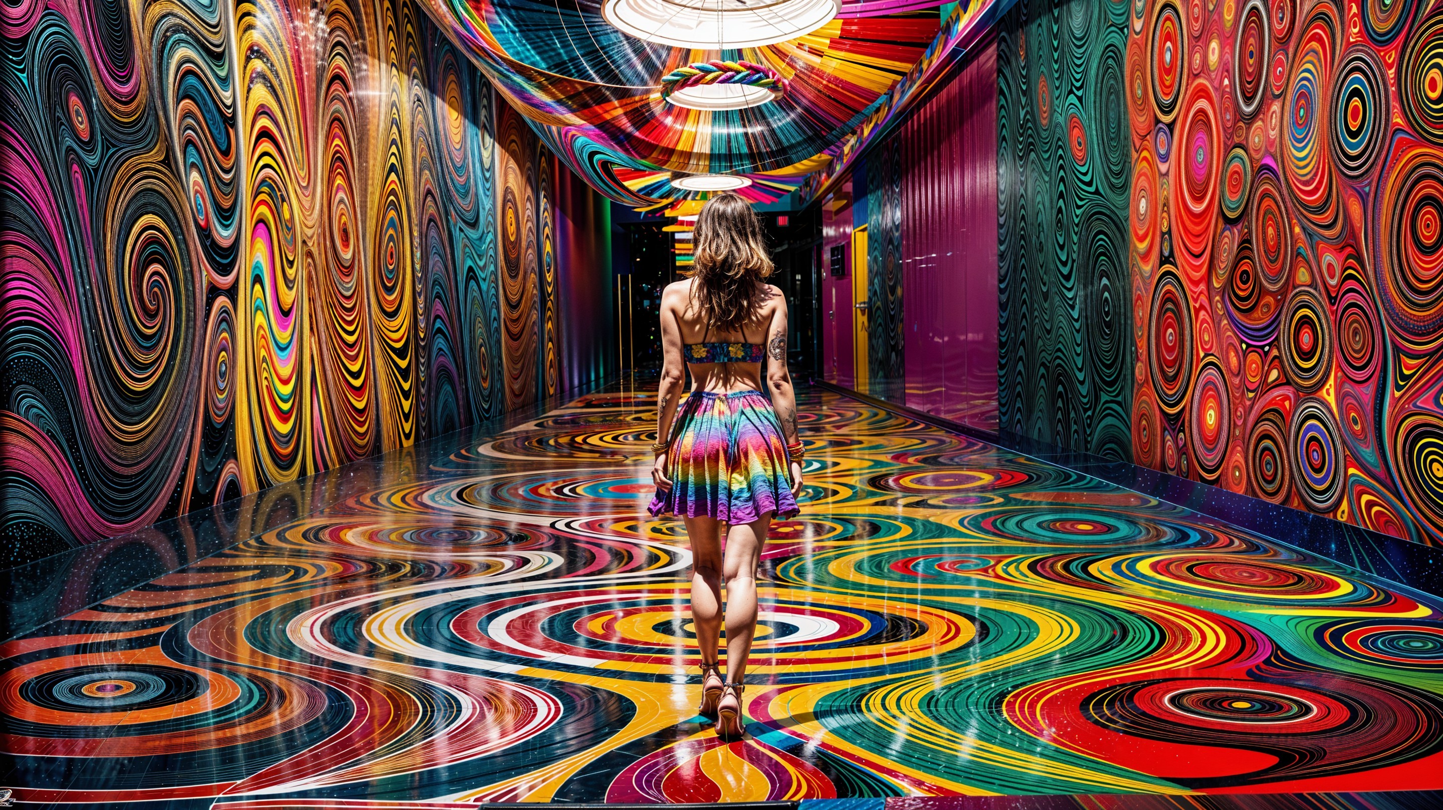 Psychedelic Hallway with Vibrant Colors and Patterns