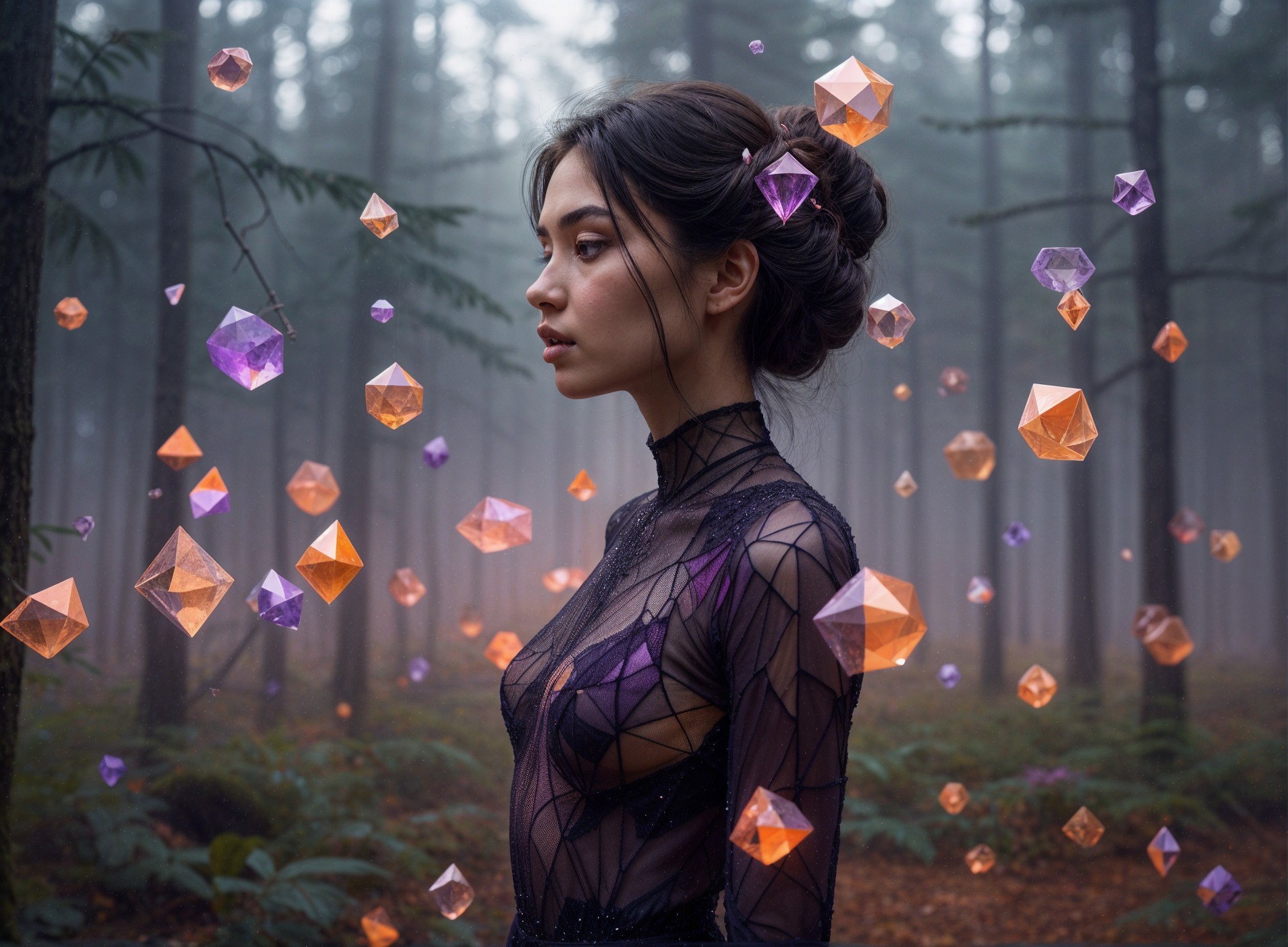 Woman in a Misty Forest with Floating Crystals