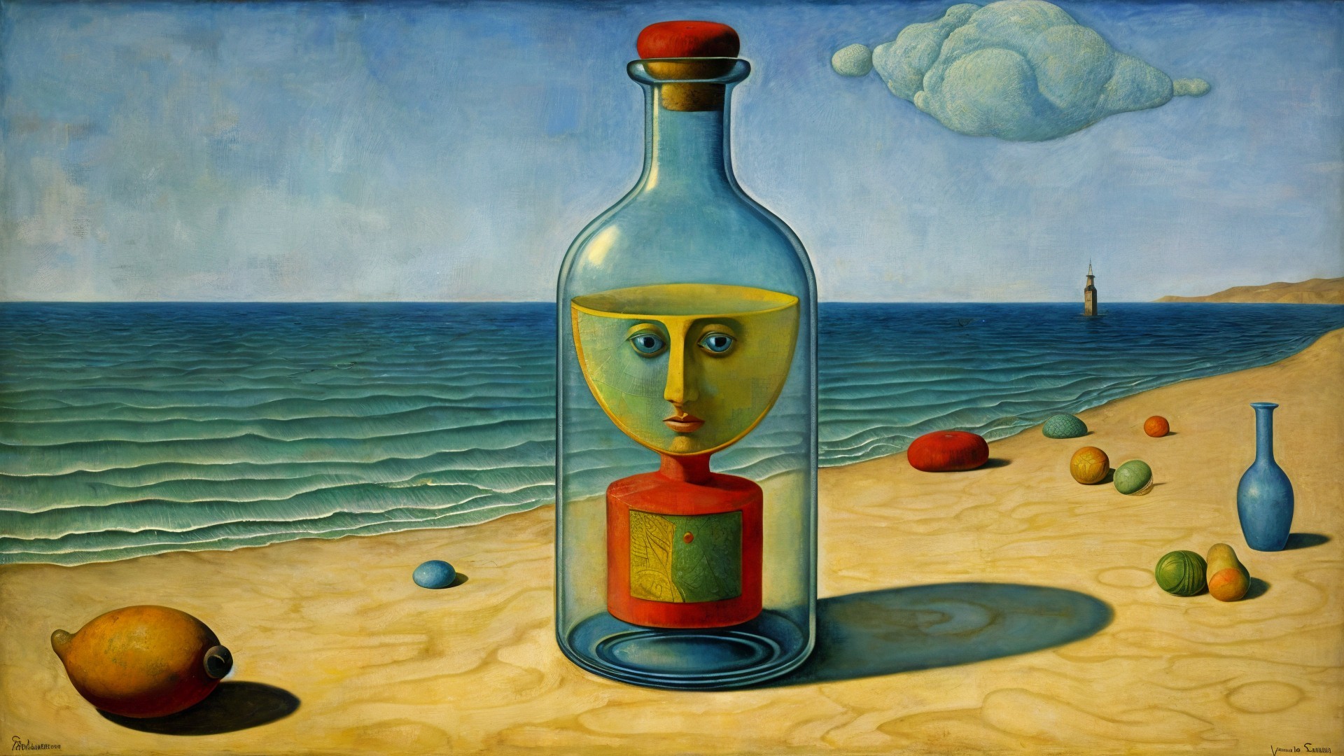 Surreal Beach Scene with Glass Bottle and Vibrant Objects