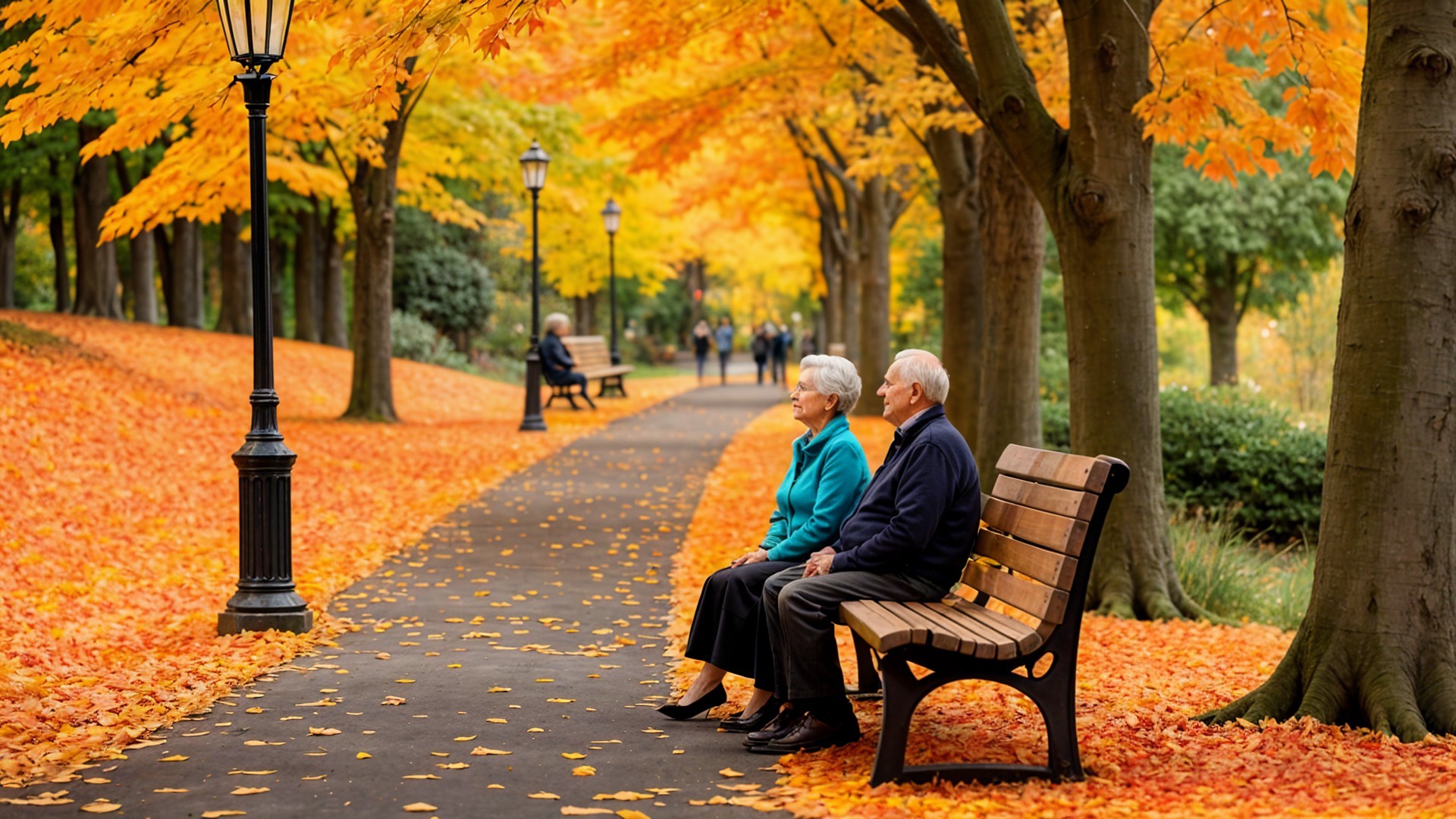Autumn Park Scene with Elderly Couple and Foliage
