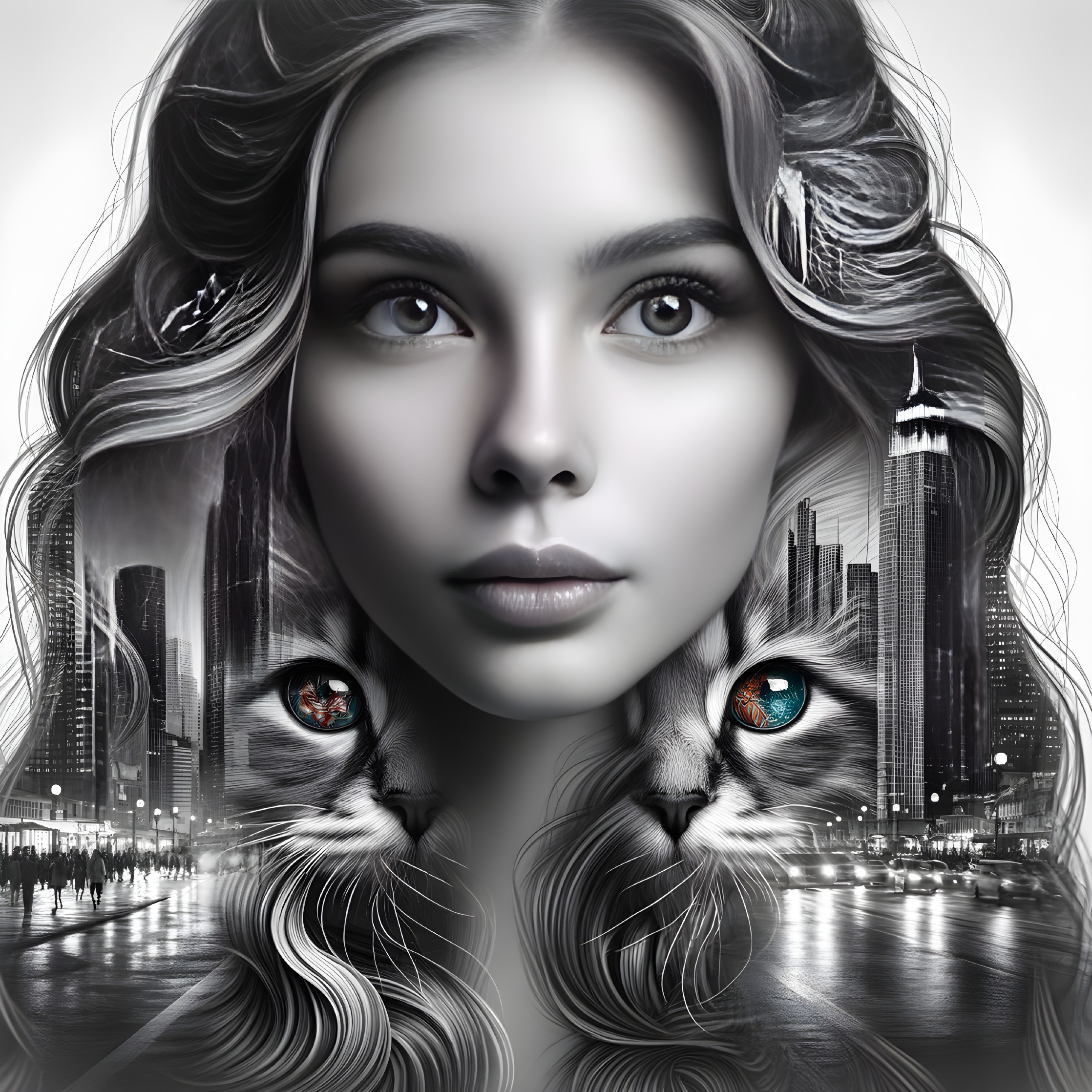 Monochromatic Image of Woman Merging with Cityscape