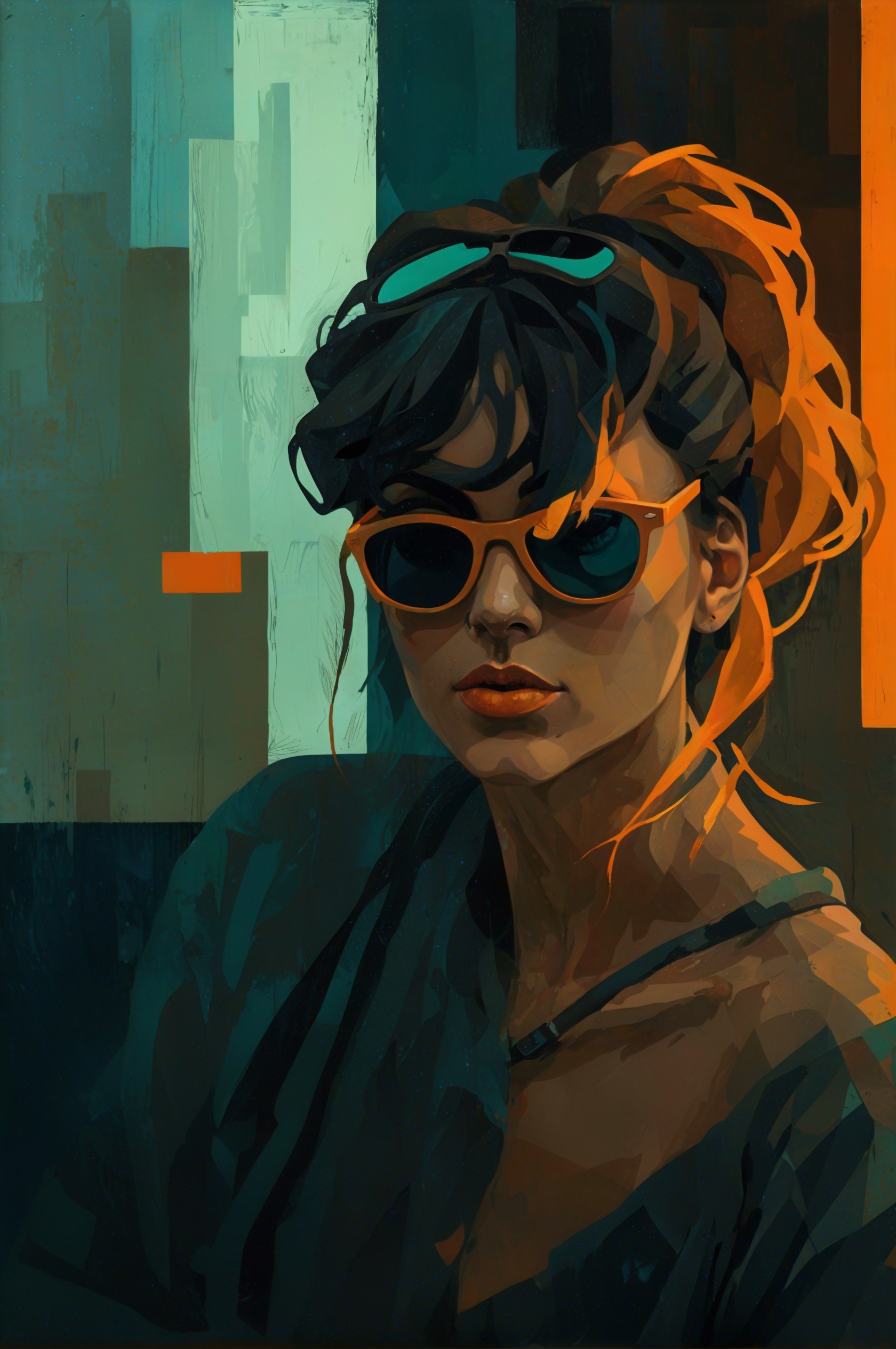 Stylized portrait of a woman with bold sunglasses