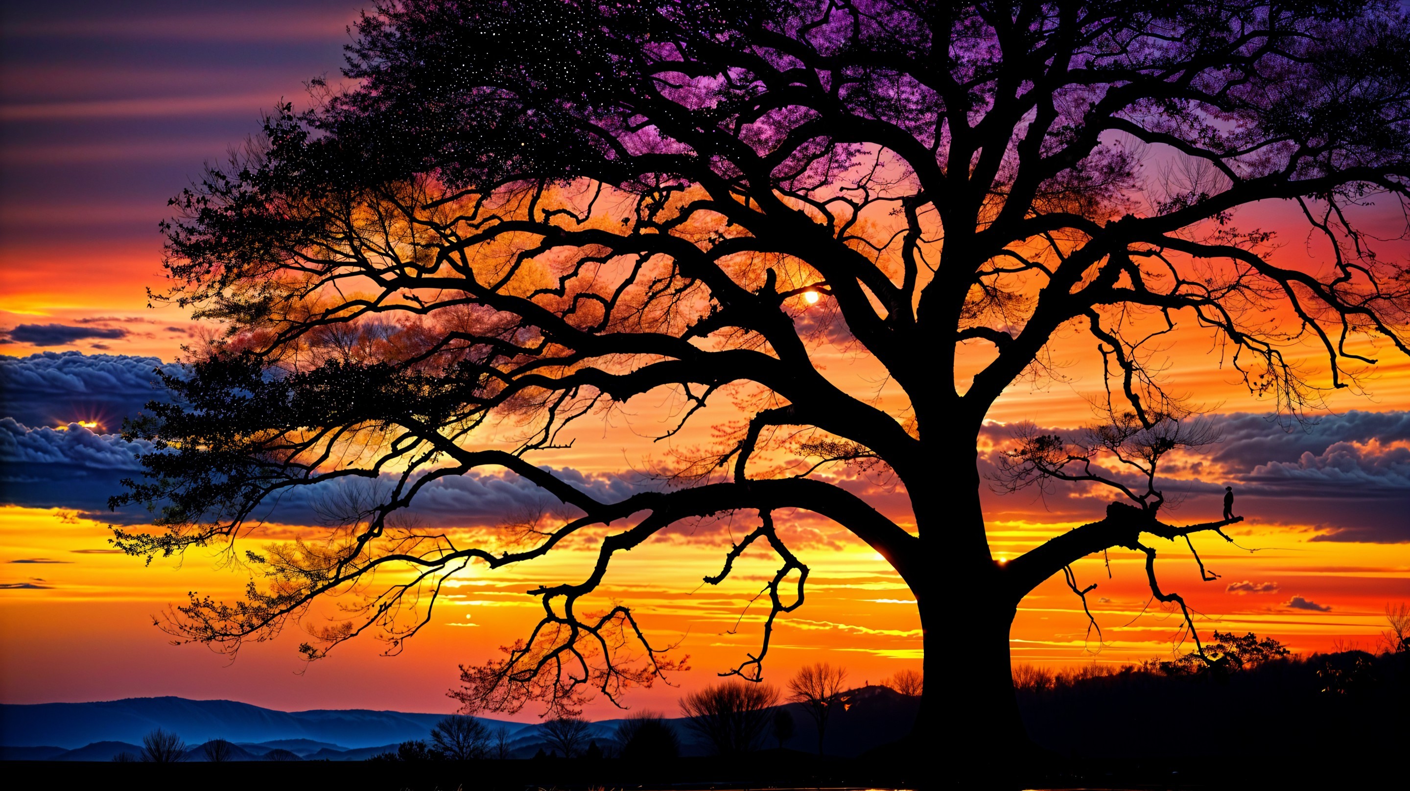 Majestic Tree Silhouette Against Colorful Sunset Sky