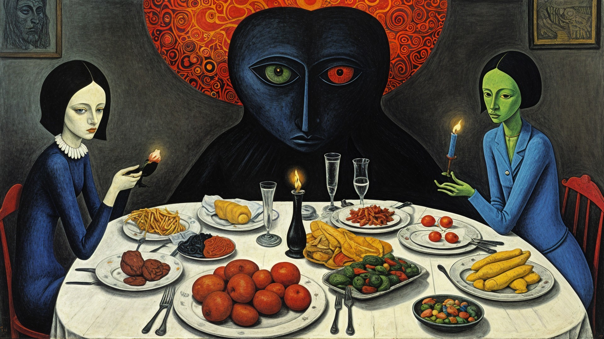 Surreal Dinner Scene with Three Figures and Dark Presence