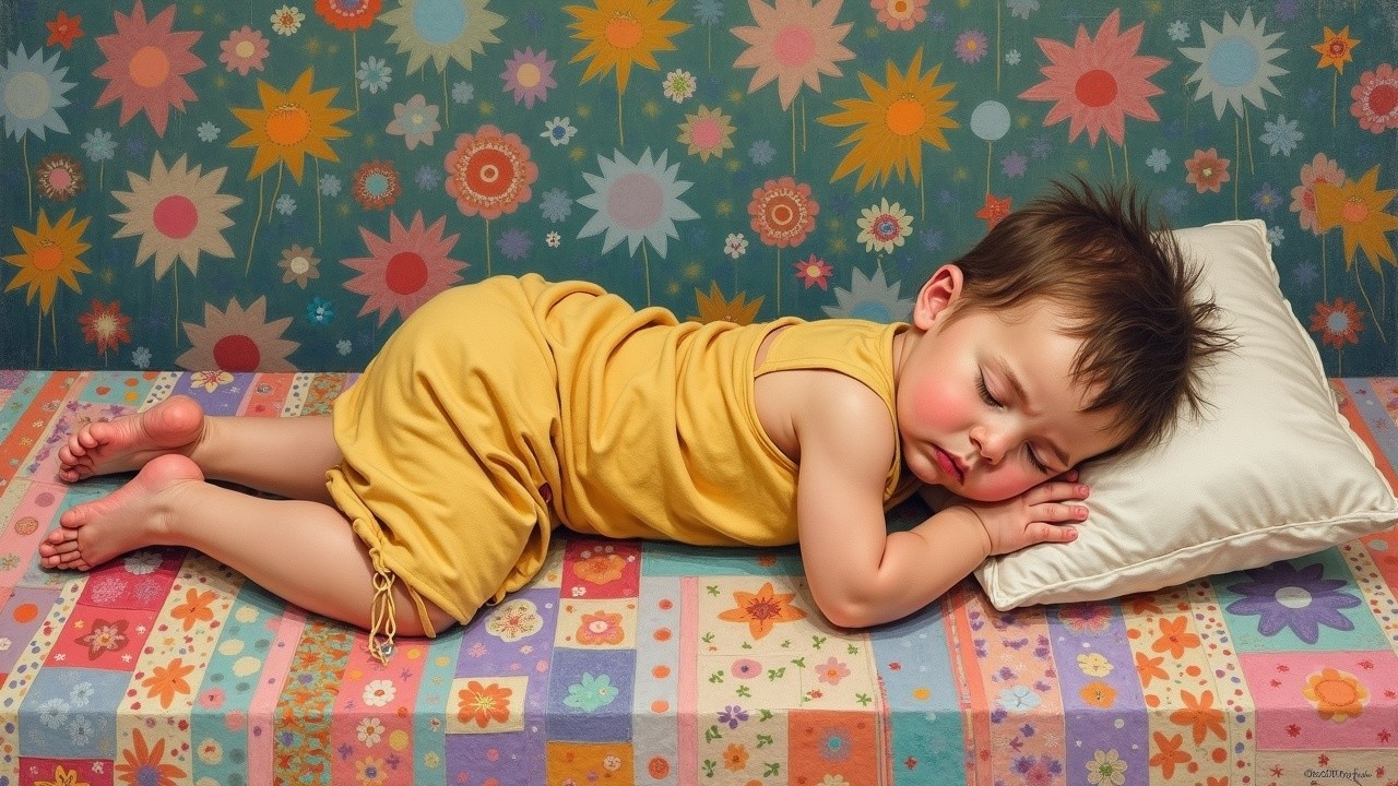 Baby Sleeping on Colorful Patchwork Blanket