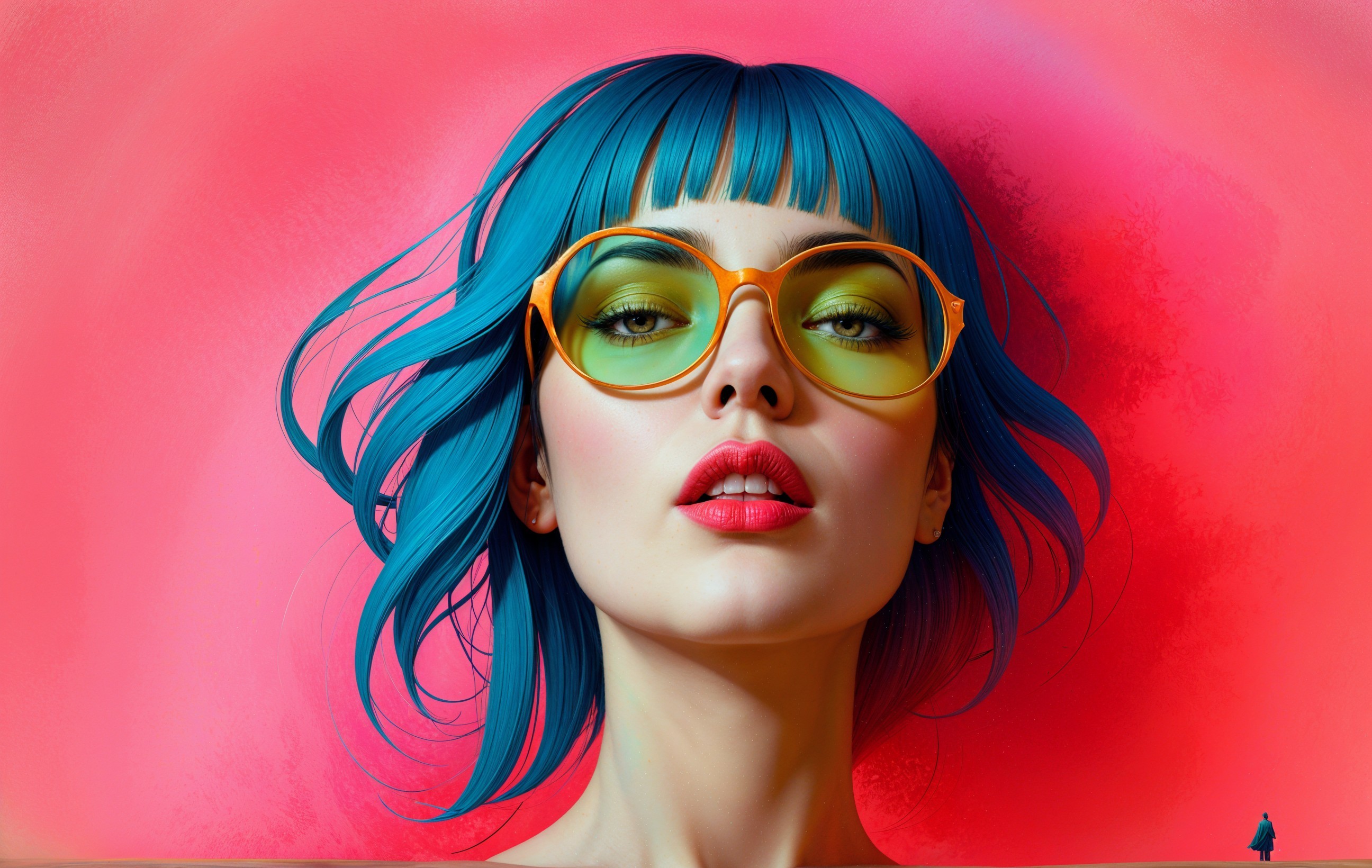 Portrait of a woman with blue hair and green sunglasses