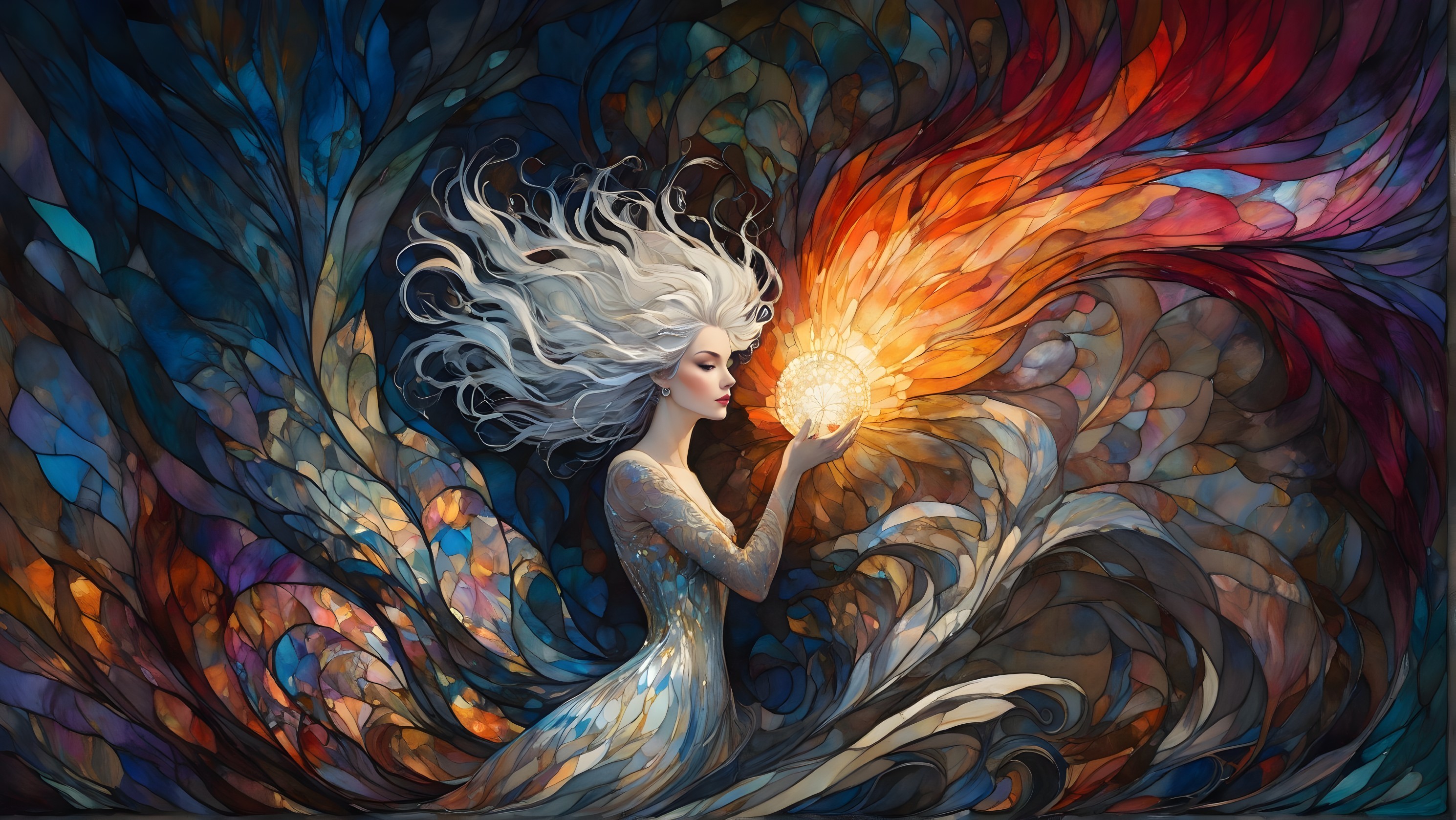 Mystical figure with glowing orb and colorful background