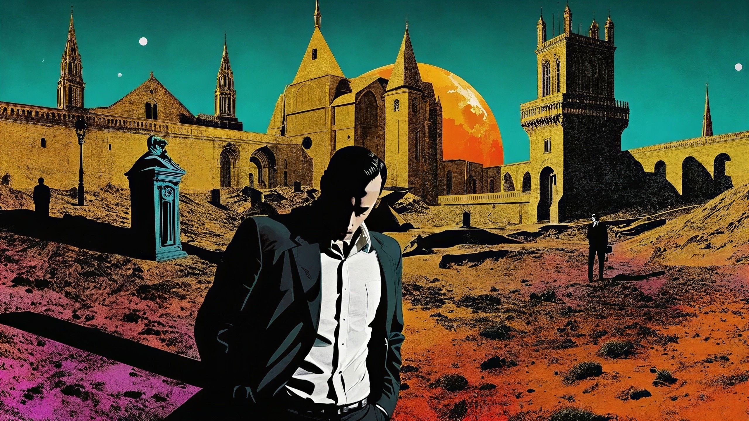 Man in Dark Suit Against Surreal Alien Landscape