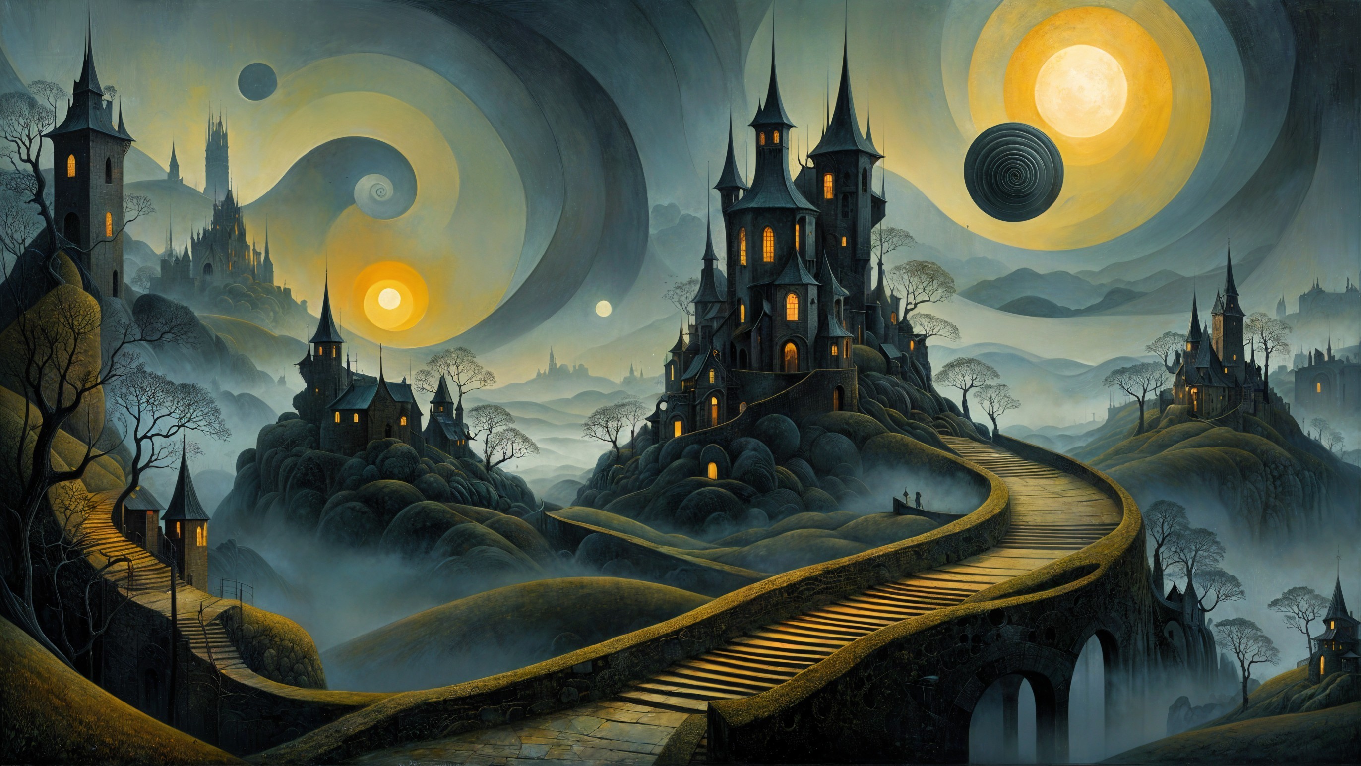Surreal Landscape with Mystical Castle and Moons