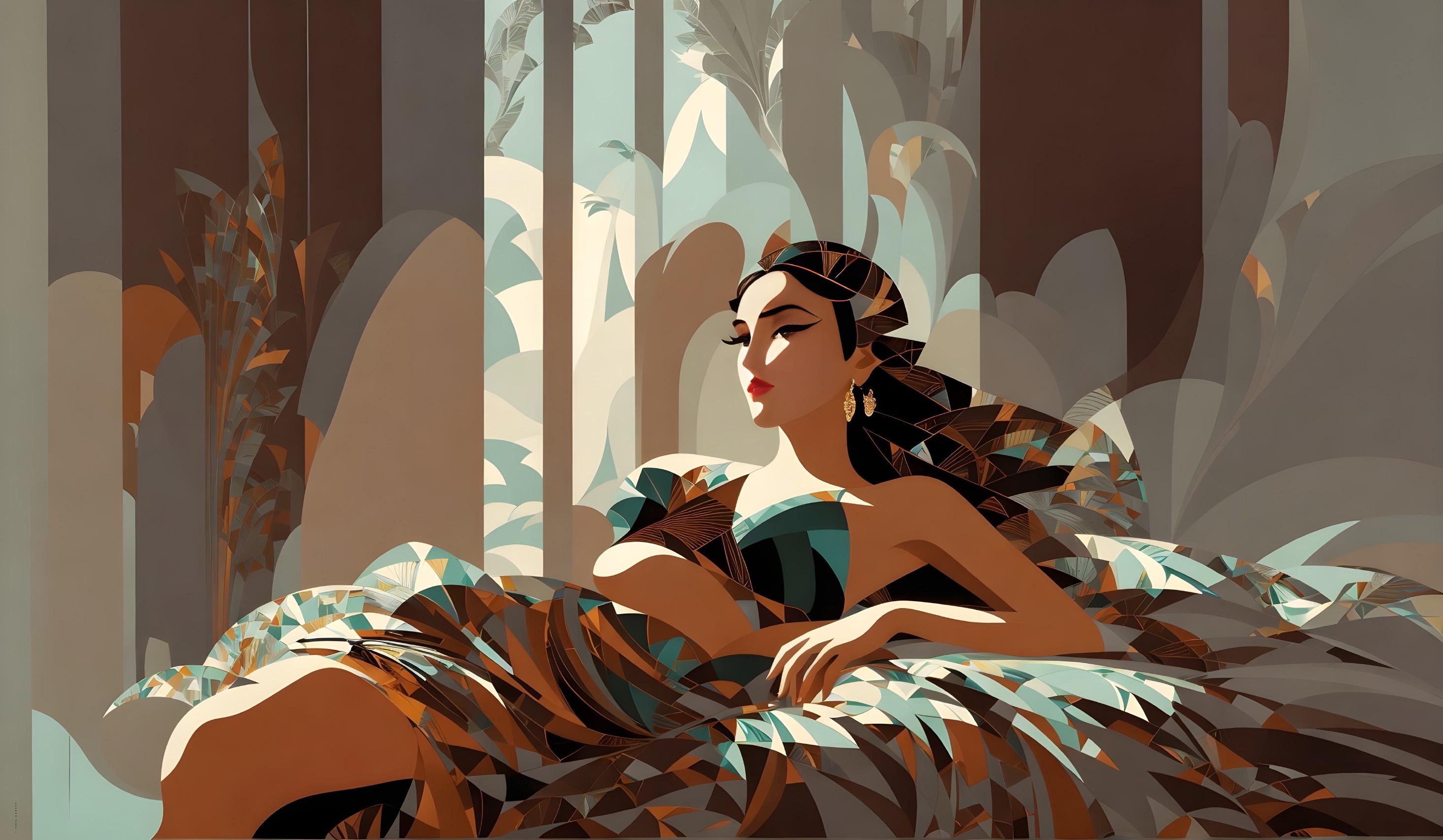 Nature's Embrace: Art Deco Woman Illustration