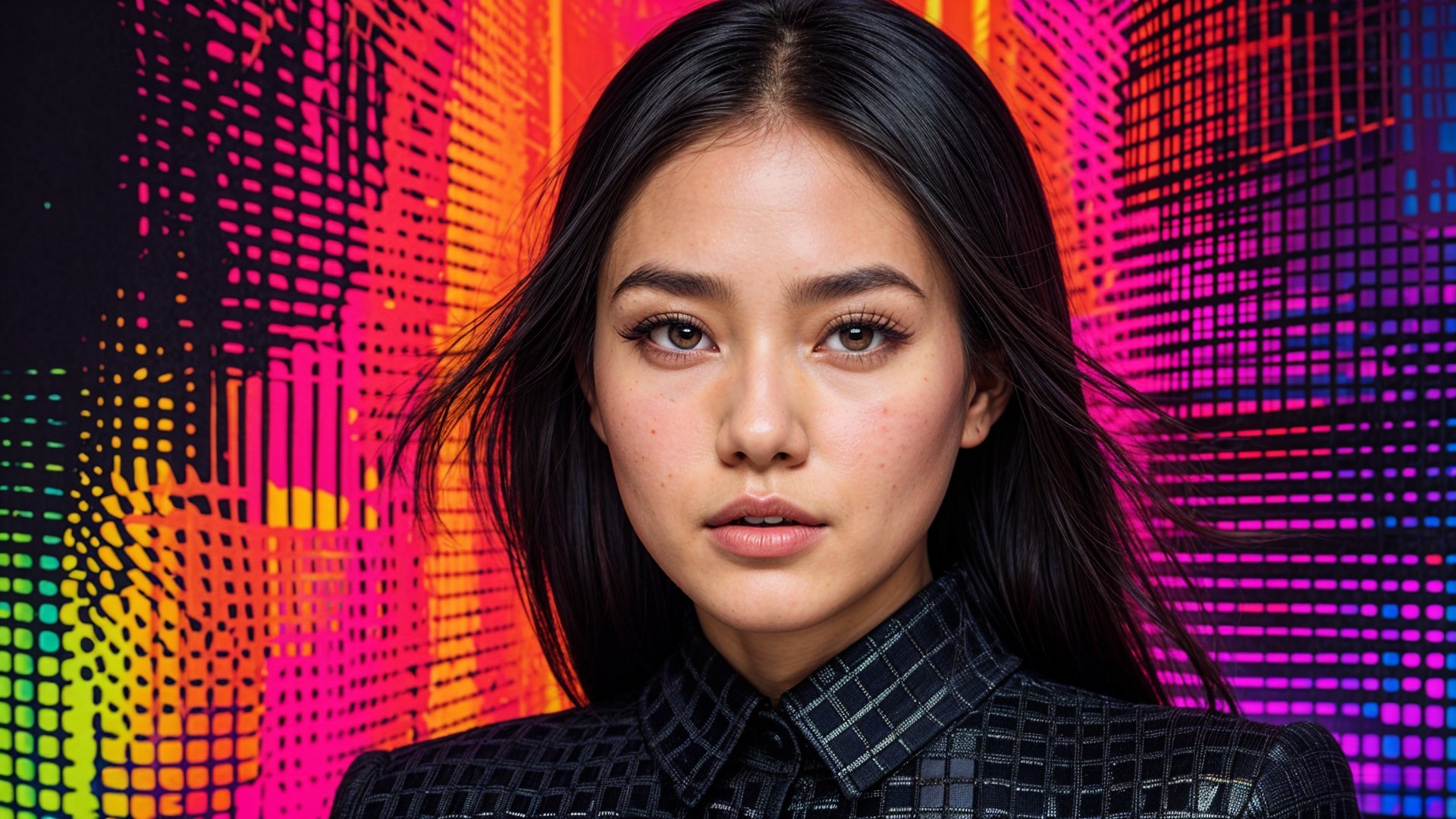 Young woman in textured black outfit against colorful background