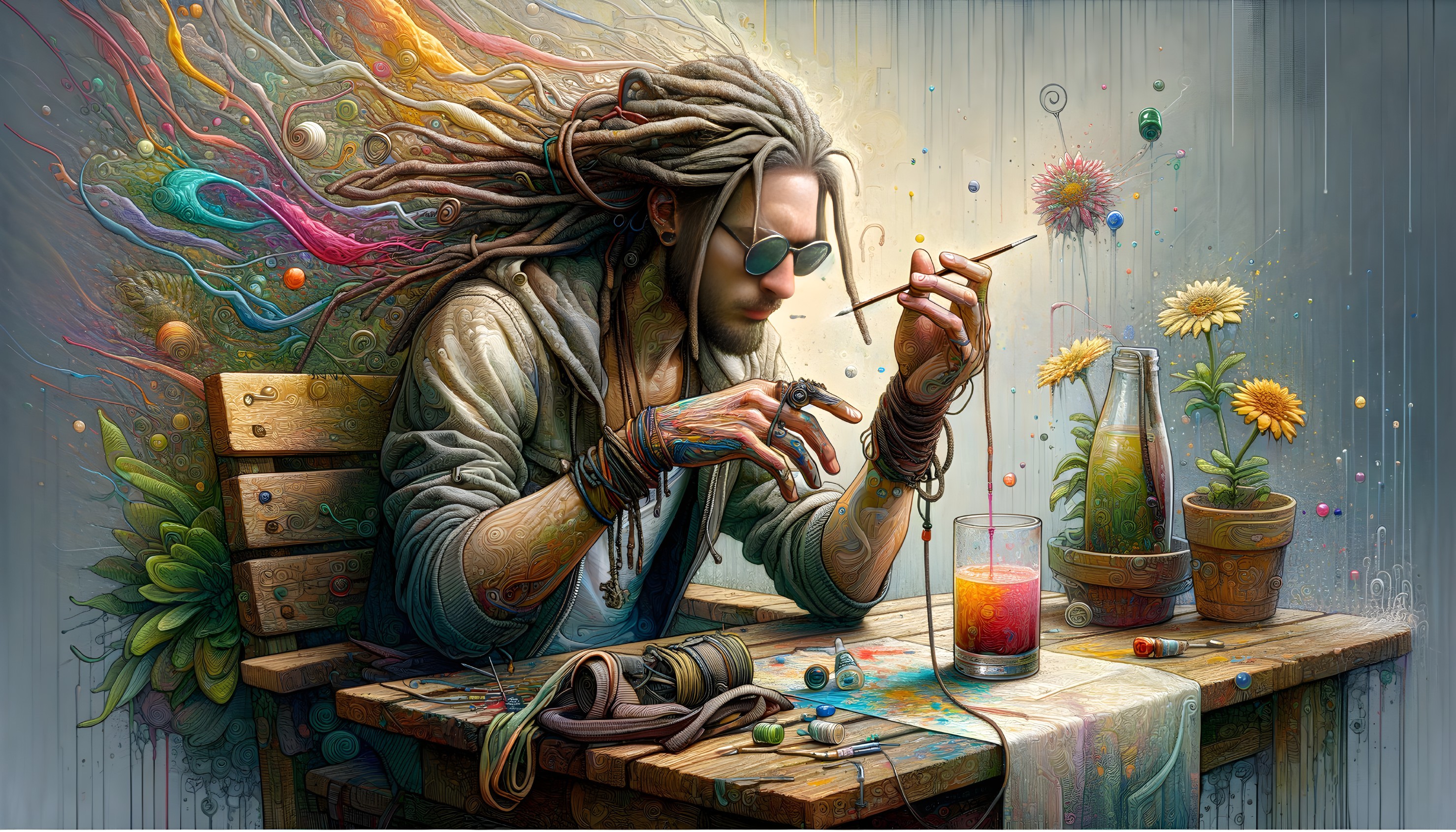 Creative figure with dreadlocks crafting intricate art