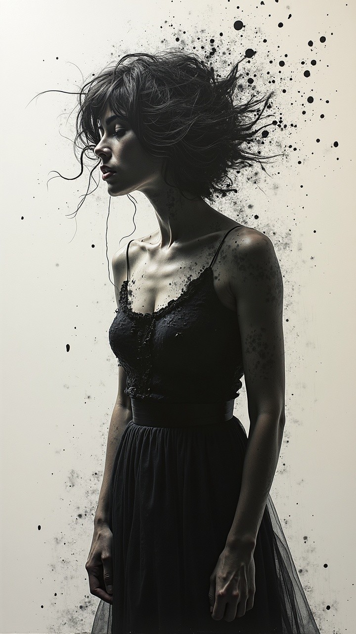 Portrait of a Woman in Black Dress with Dramatic Background