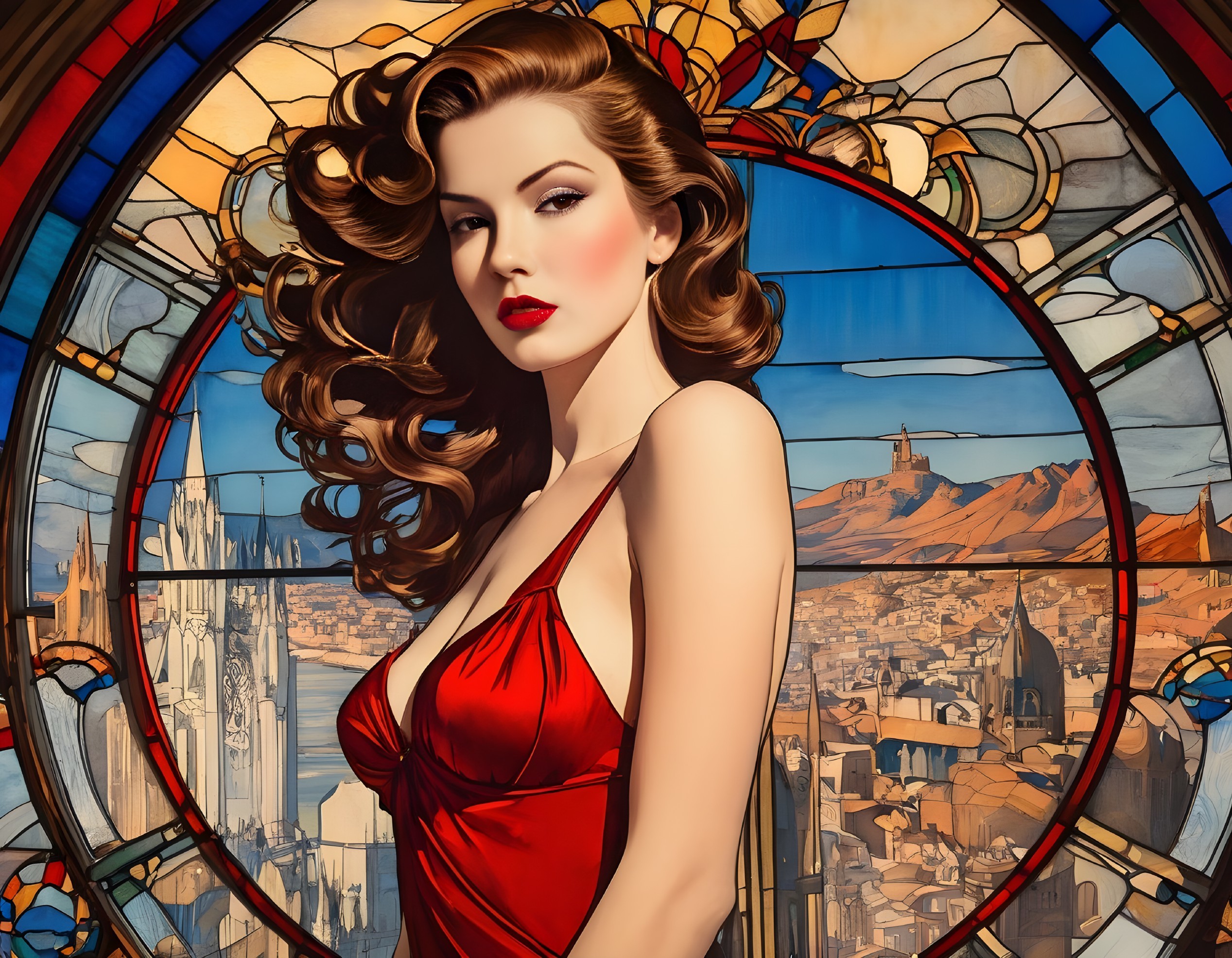 Woman in Red Dress by Colorful Stained Glass Window