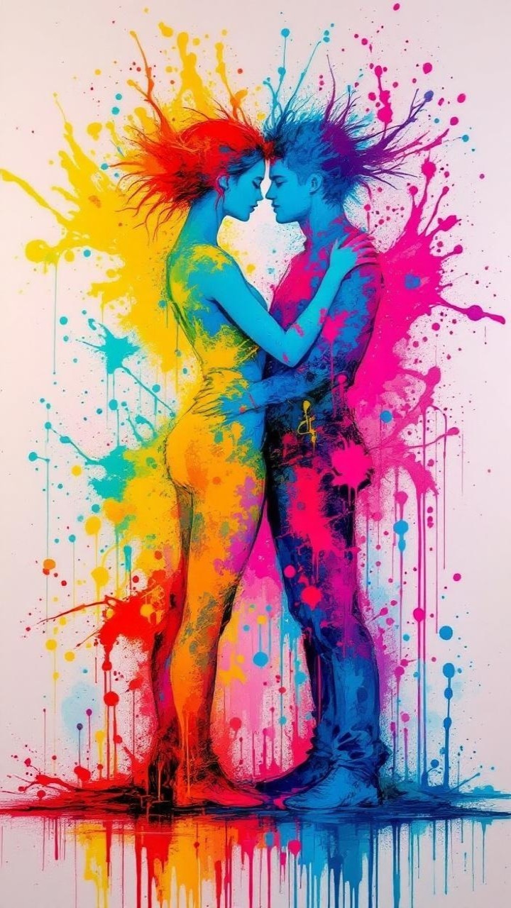 Abstract Painting of Embracing Couple in Bright Colors
