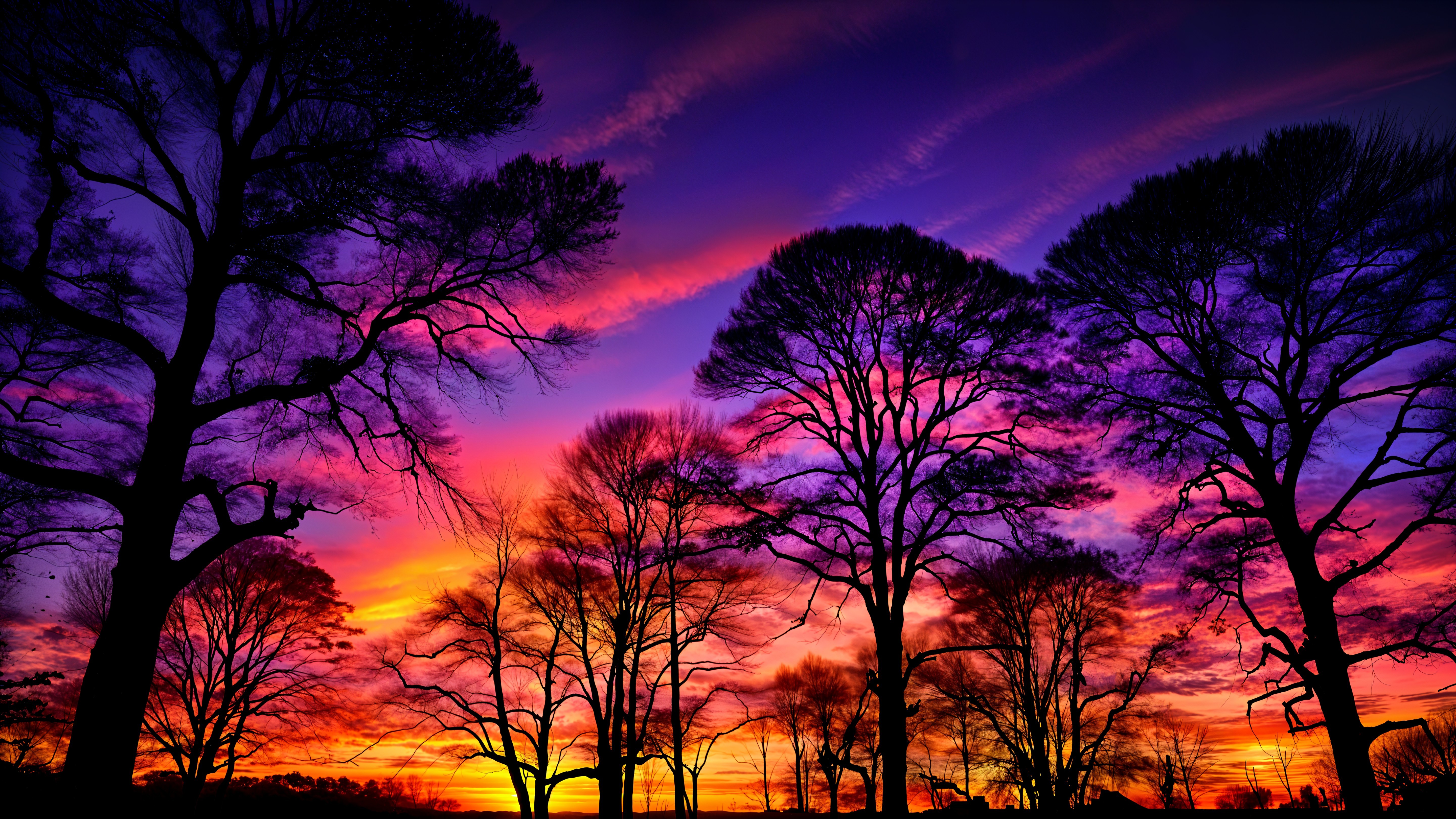 Vibrant Sunset with Silhouetted Trees and Clouds