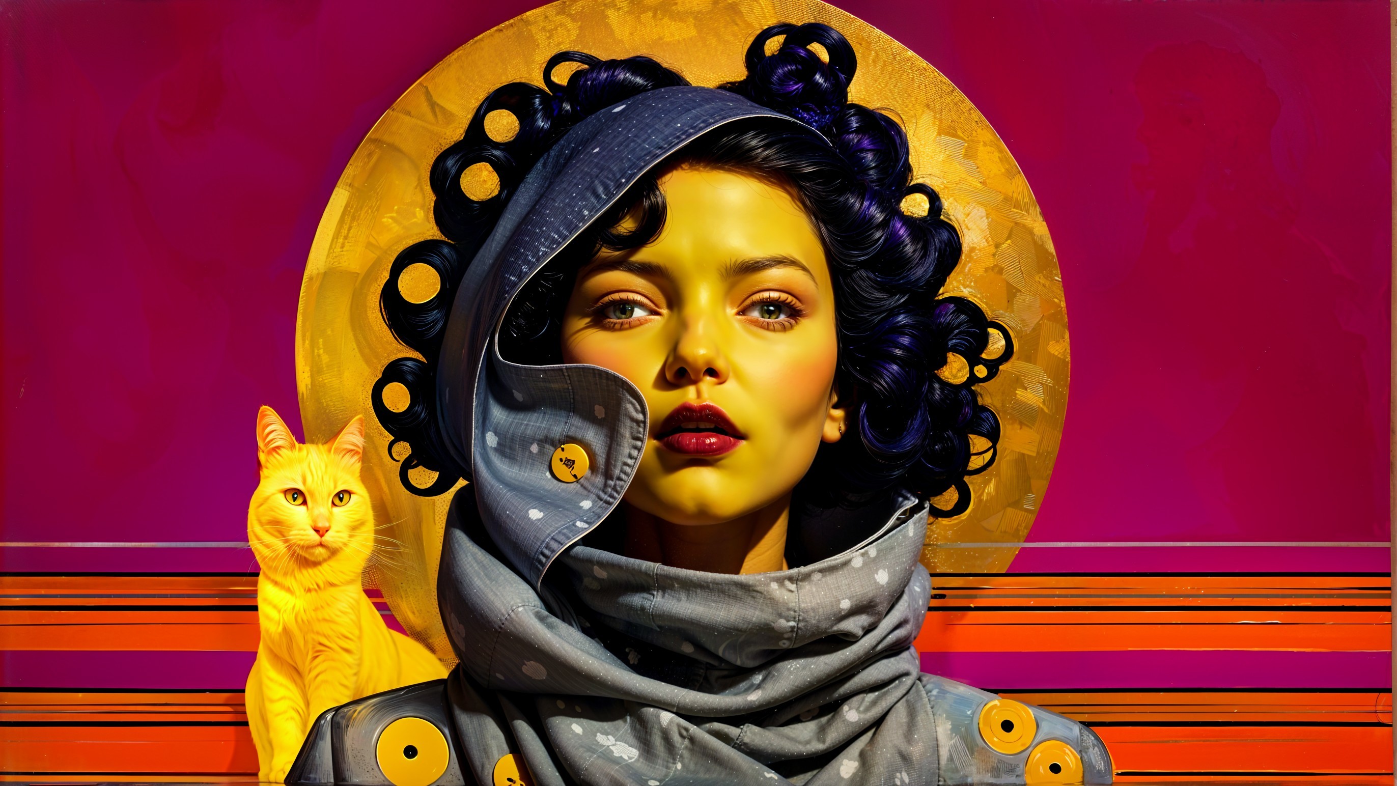 Vibrant portrait of a woman with yellow skin and cat