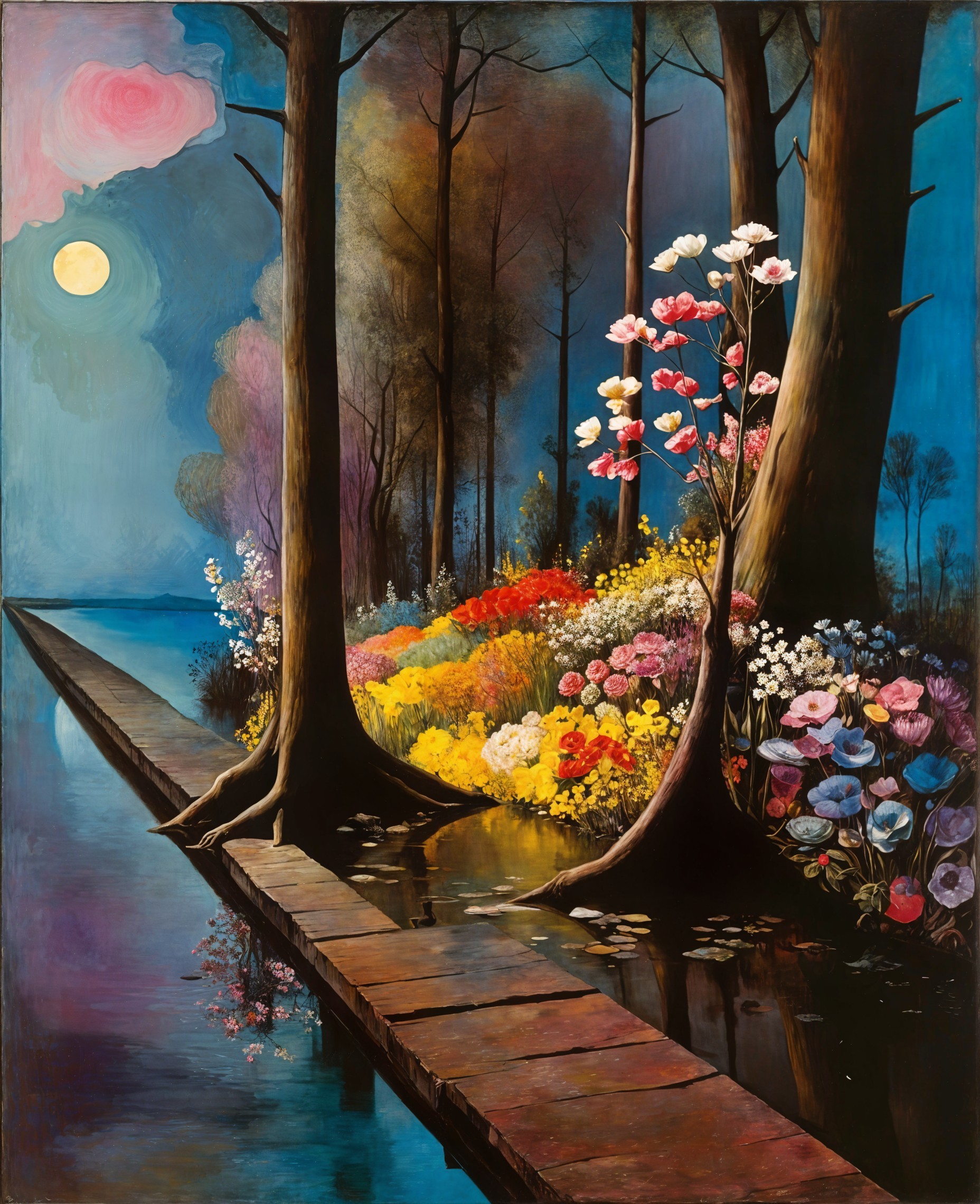 Twilight Landscape with Moonlit Sky and Vibrant Flowers