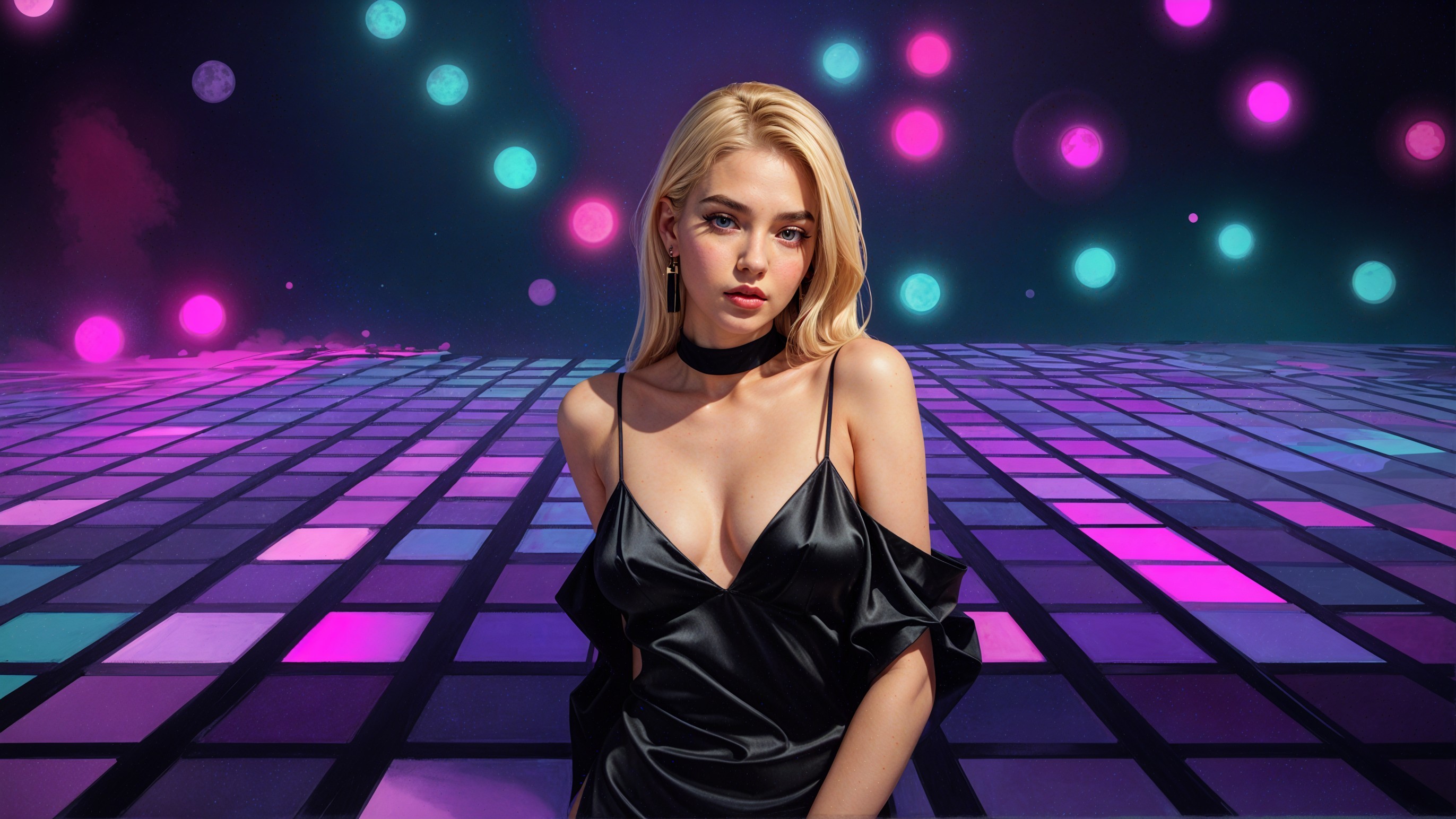 Young Woman in Black Dress at Nightclub Setting