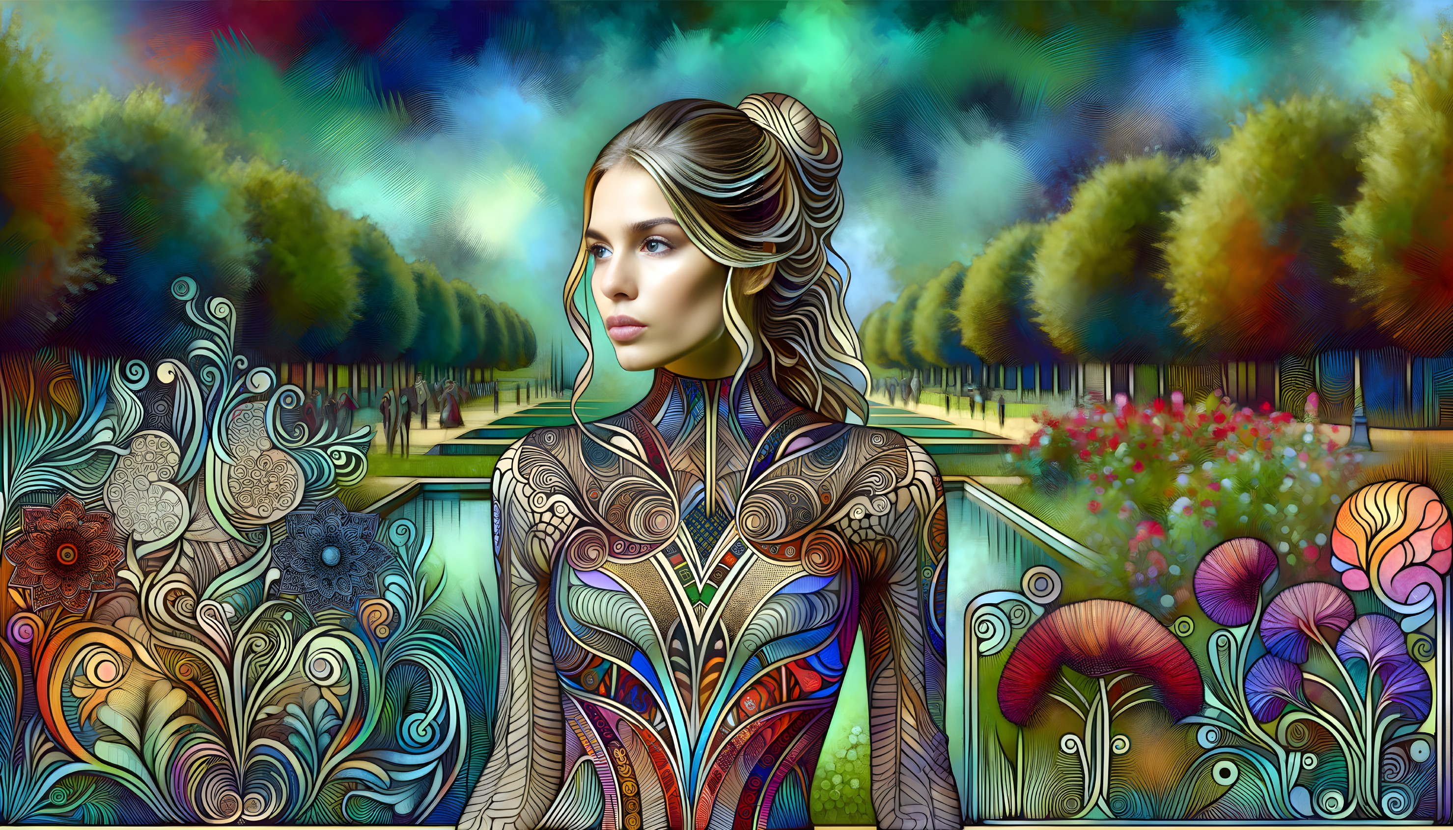 Stylized Portrait of a Woman in a Fantastical Garden