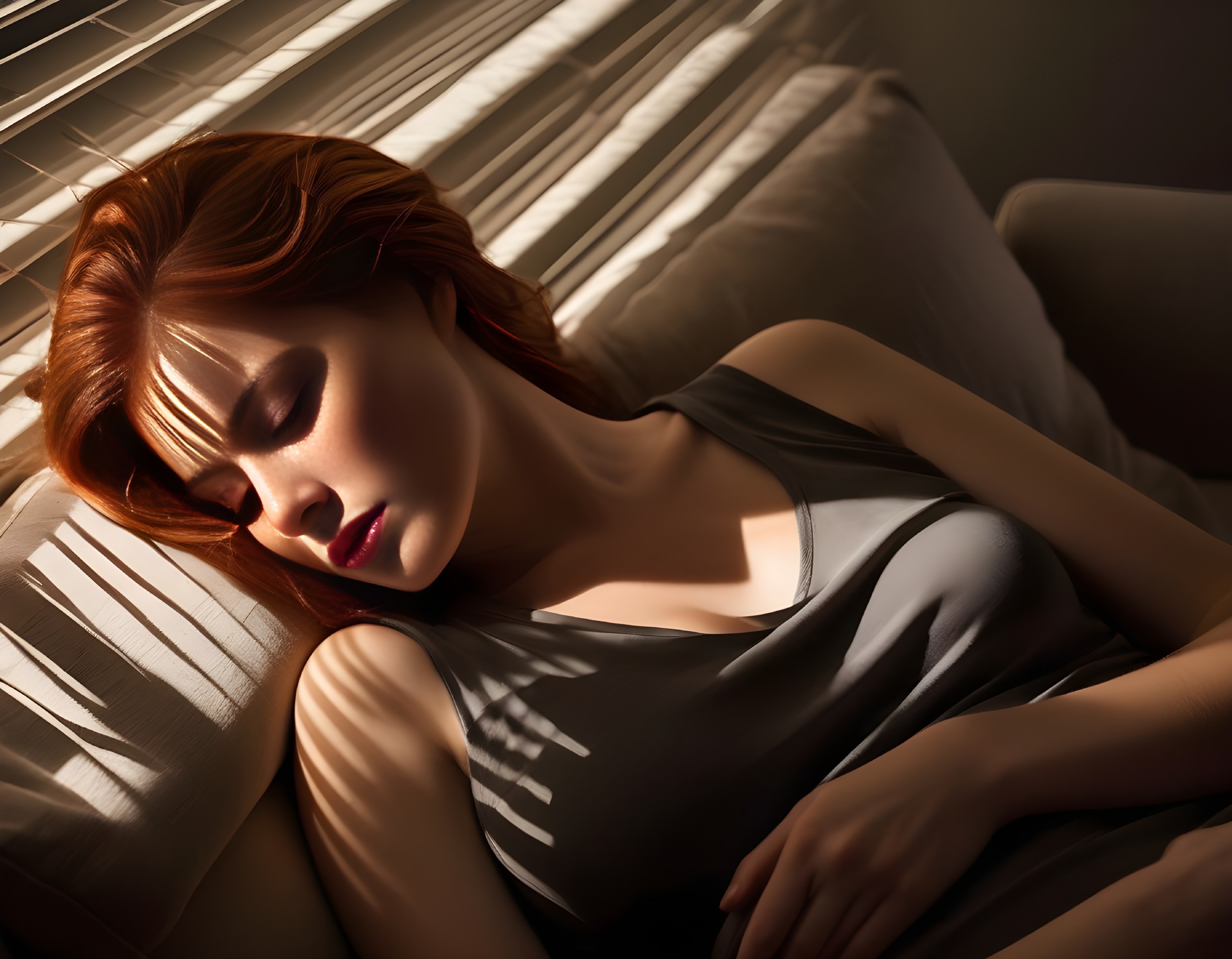 Serene woman with red hair resting on a couch