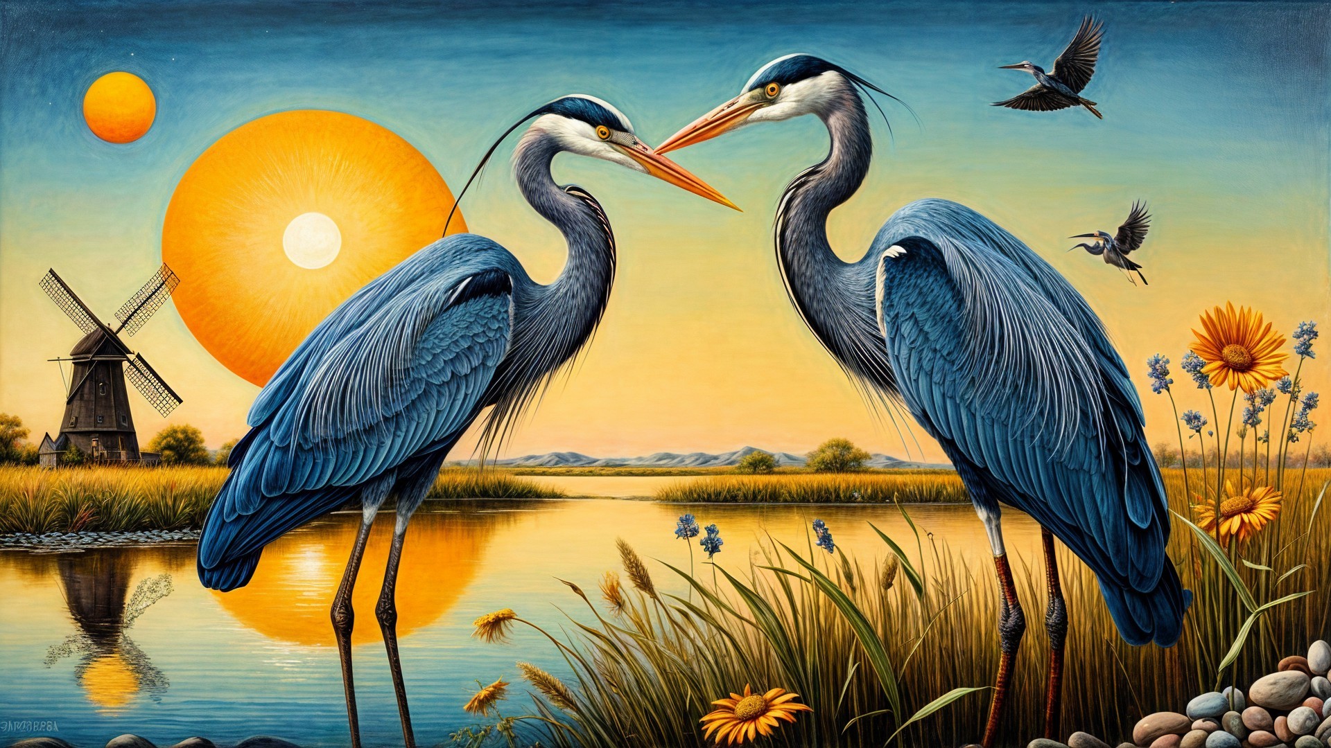 Herons by Tranquil River in Vibrant Landscape