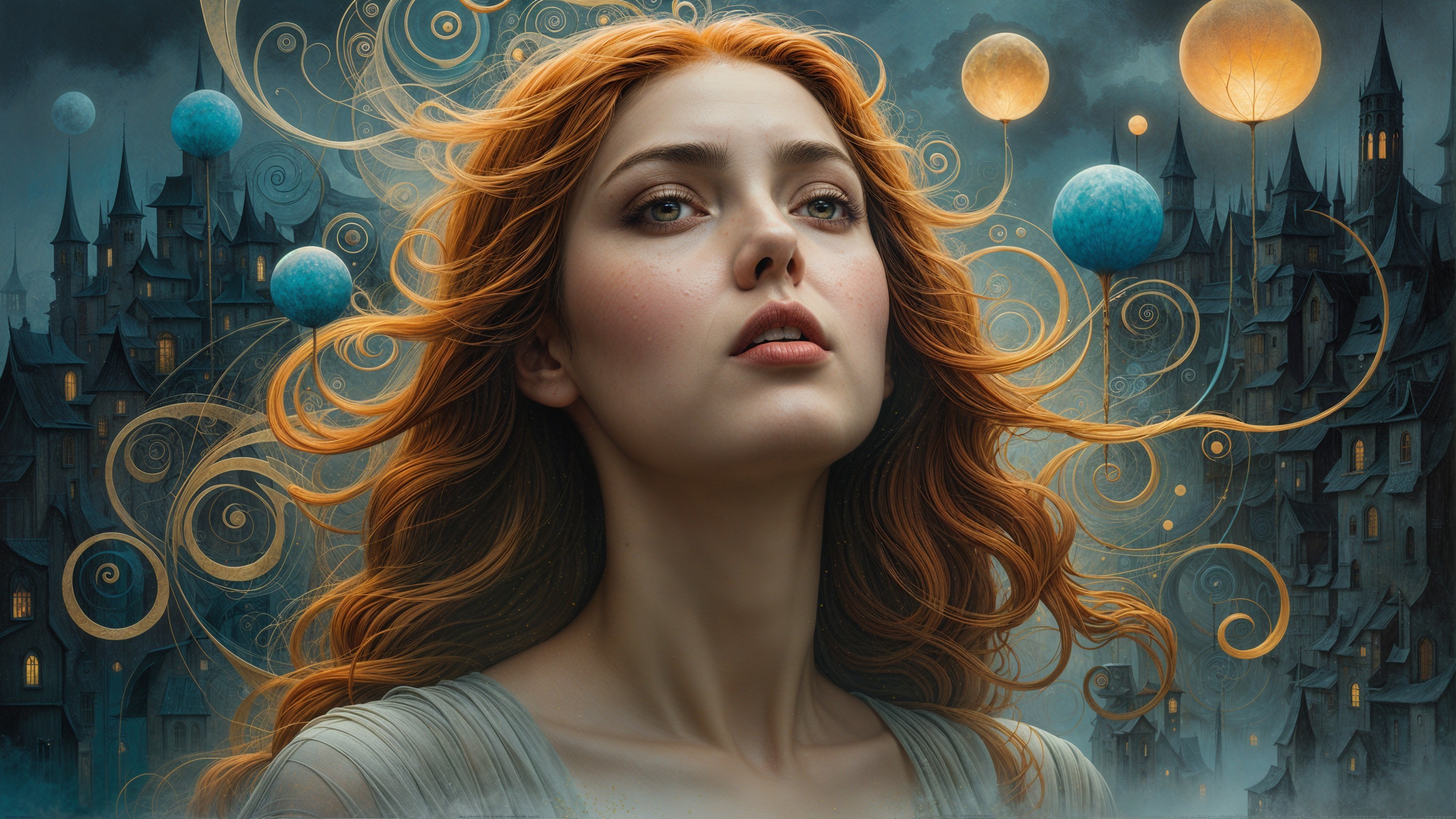 Portrait of a woman with red hair in a mystical setting