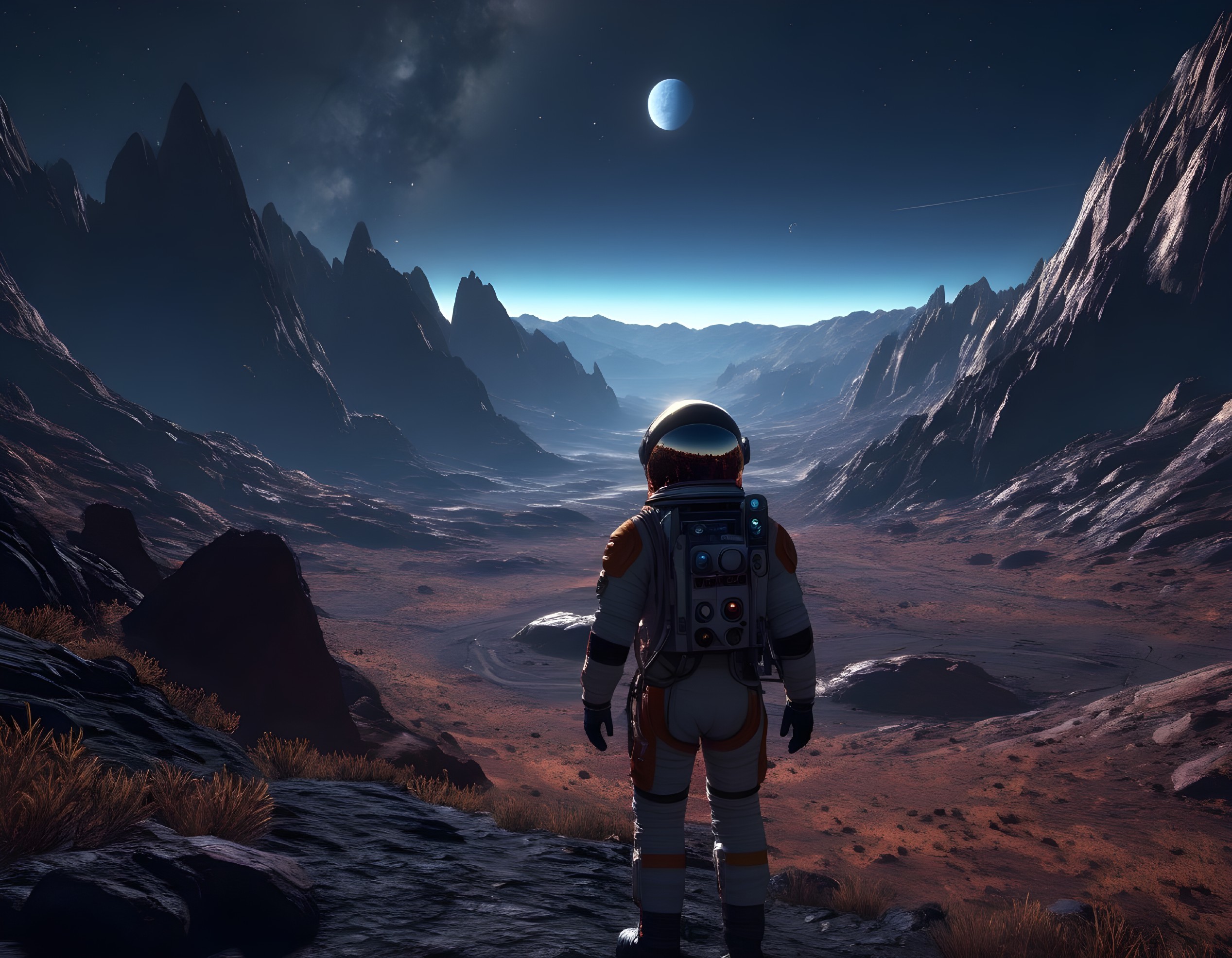 Astronaut Observing Alien Landscape Under Moonlight