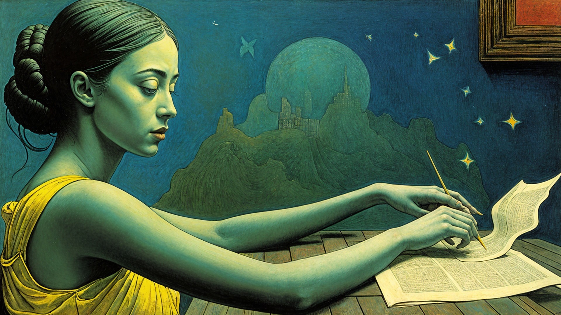 Serene figure with green skin writing at a table