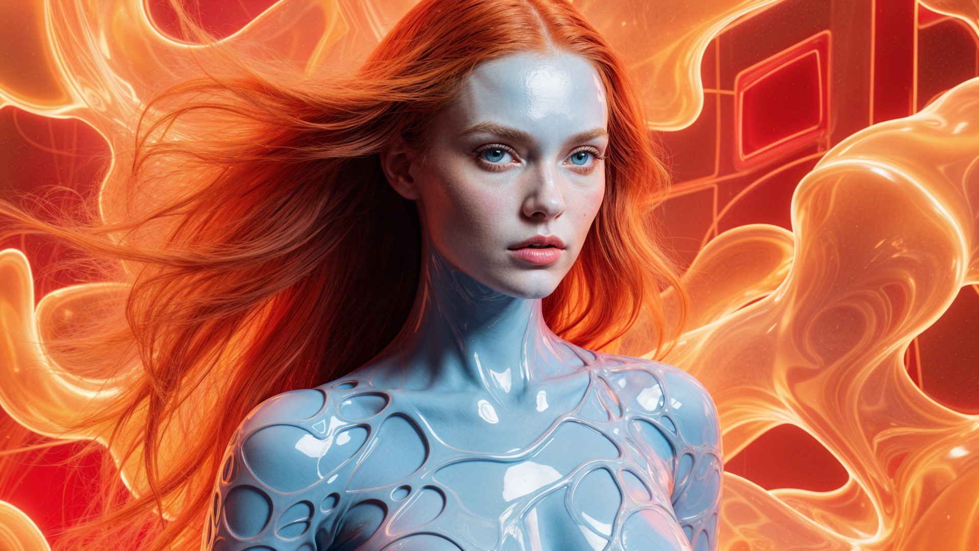 Portrait of a Model with Red Hair and Blue Glossy Skin
