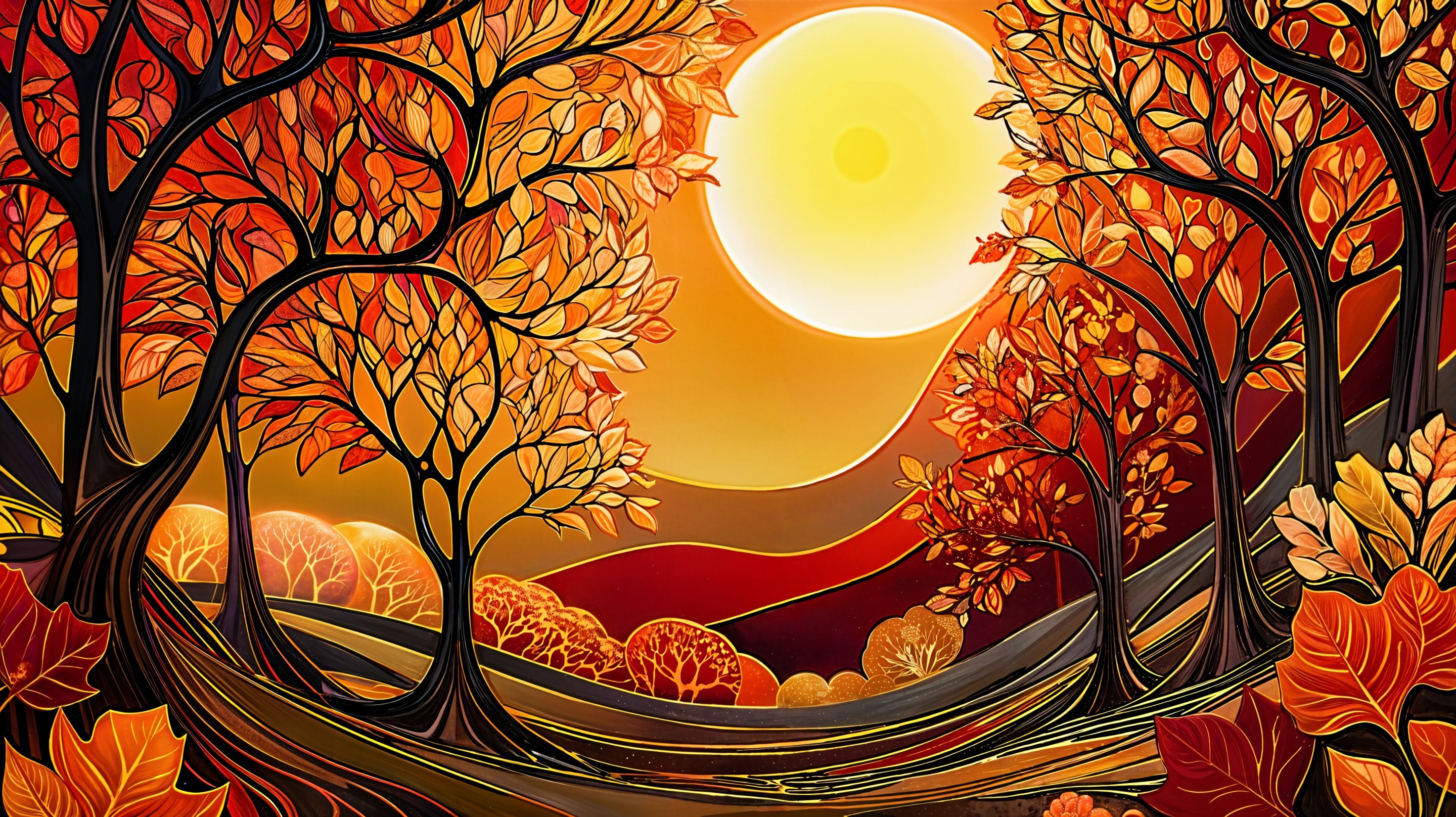 Vibrant Autumn Landscape with Stylized Trees and Hills