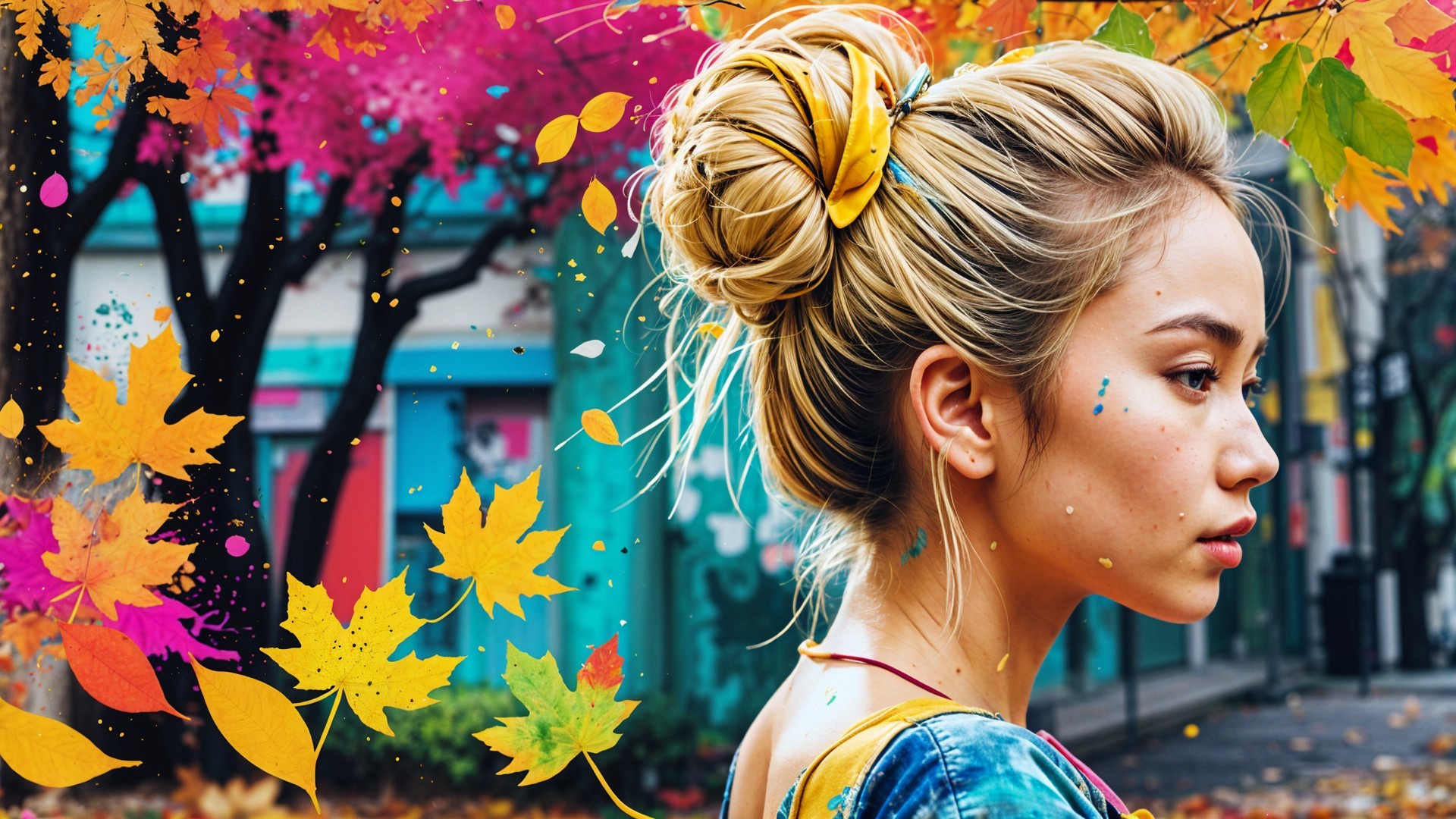 Woman with blonde bun in colorful autumn park