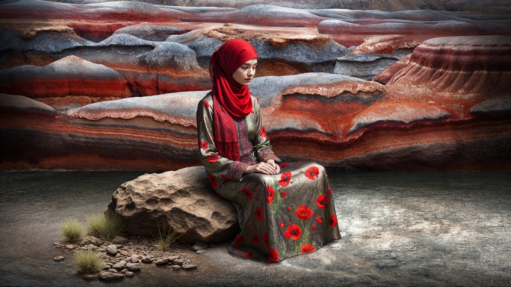 Young Woman in Floral Dress on Rocky Outcrop