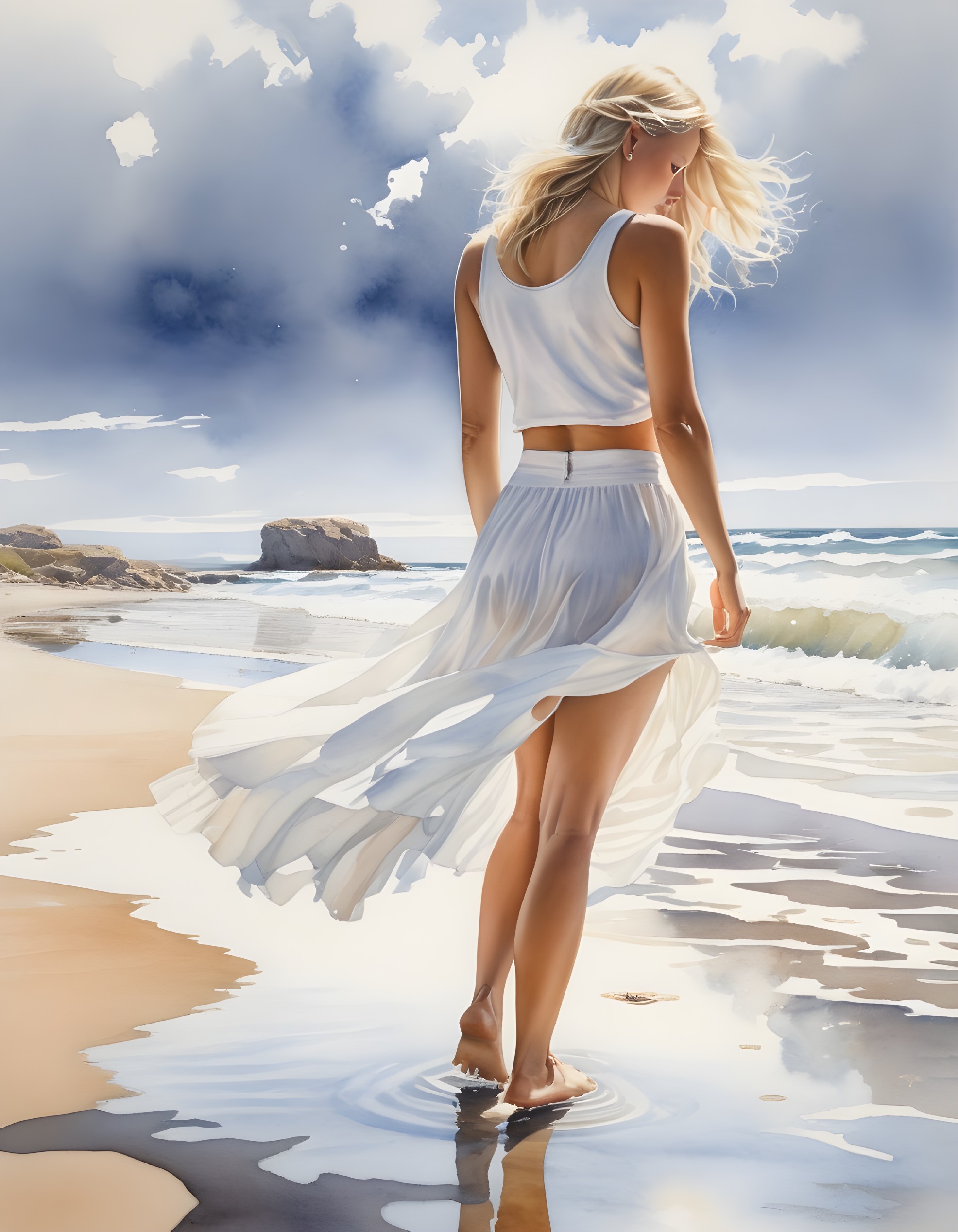 Woman in flowing white attire at serene beach scene