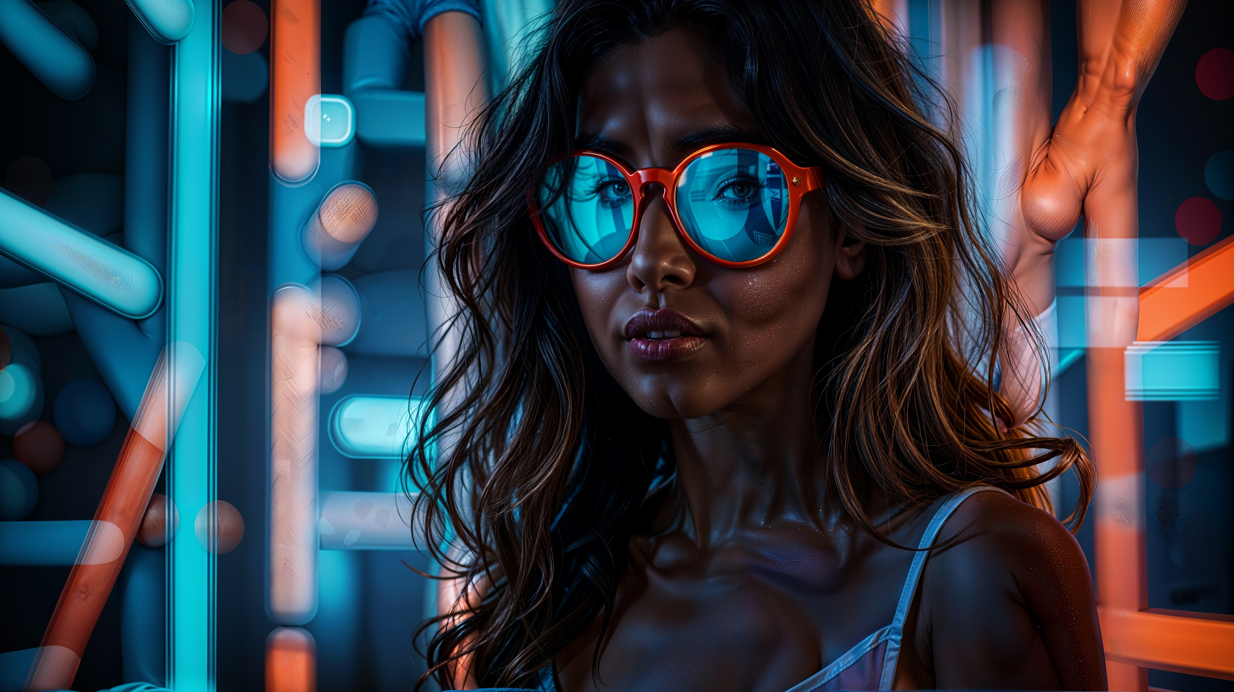 Woman with vibrant orange sunglasses in neon setting
