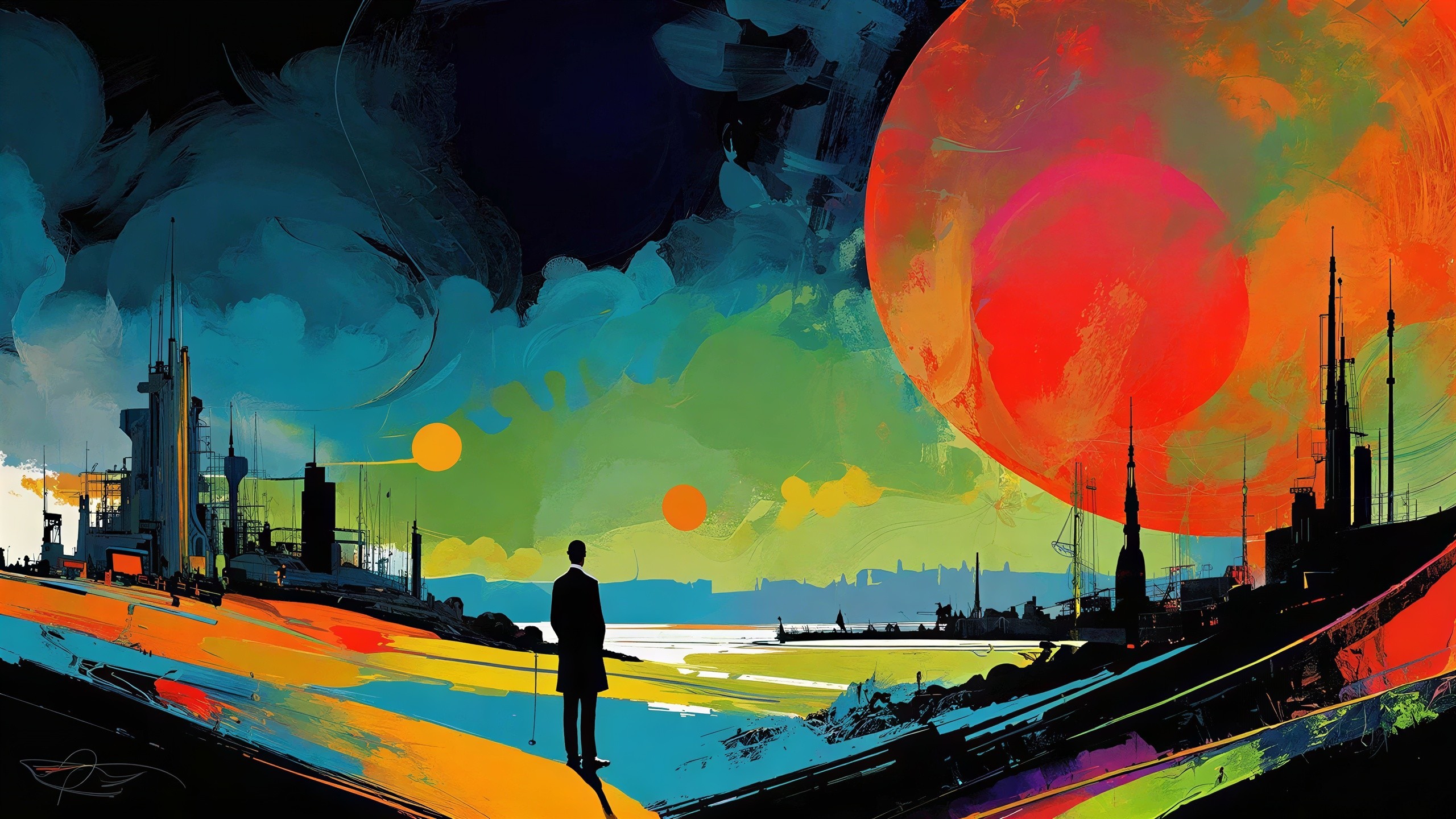 Bold Abstract Painting with Cosmic Elements and Cityscape