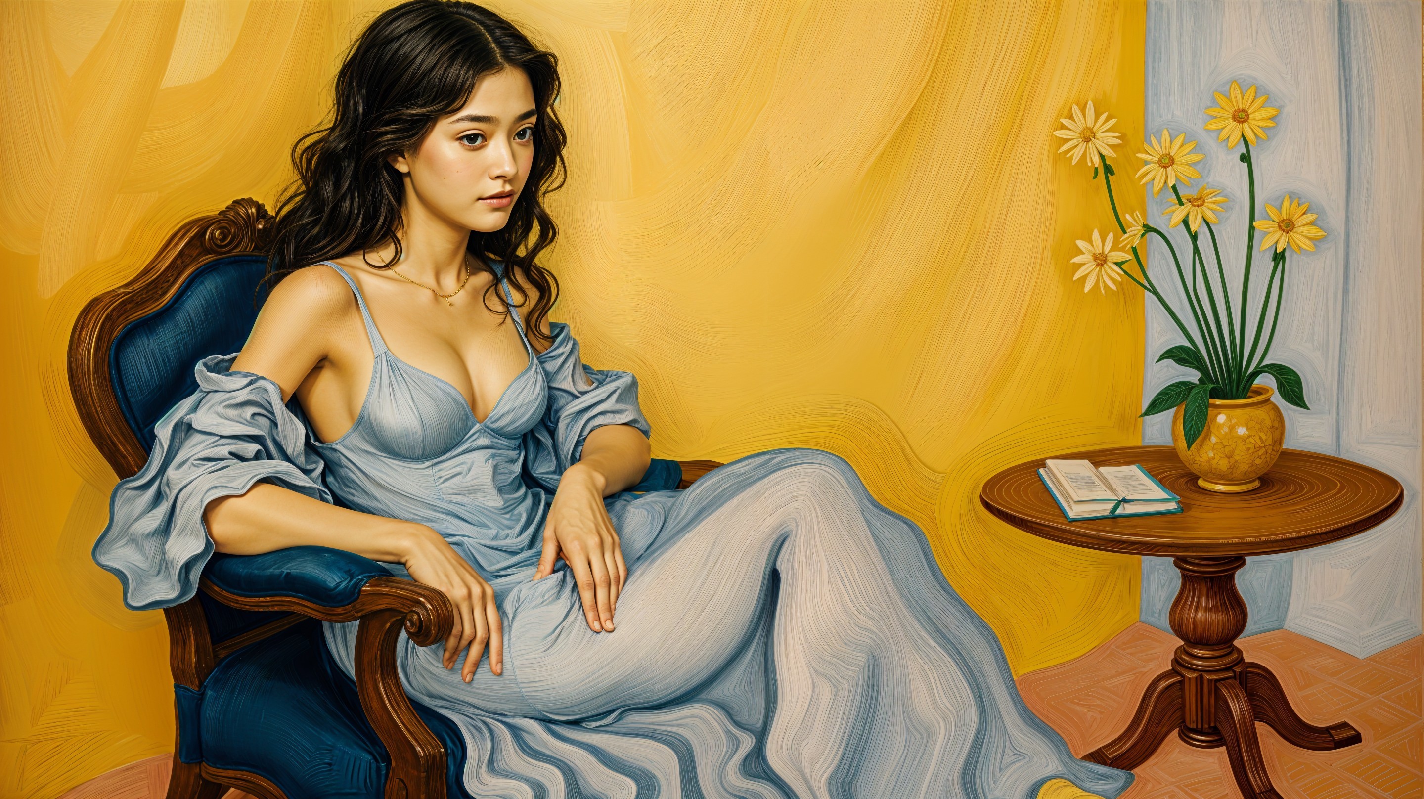 Young Woman in Vintage Chair with Yellow Daisies