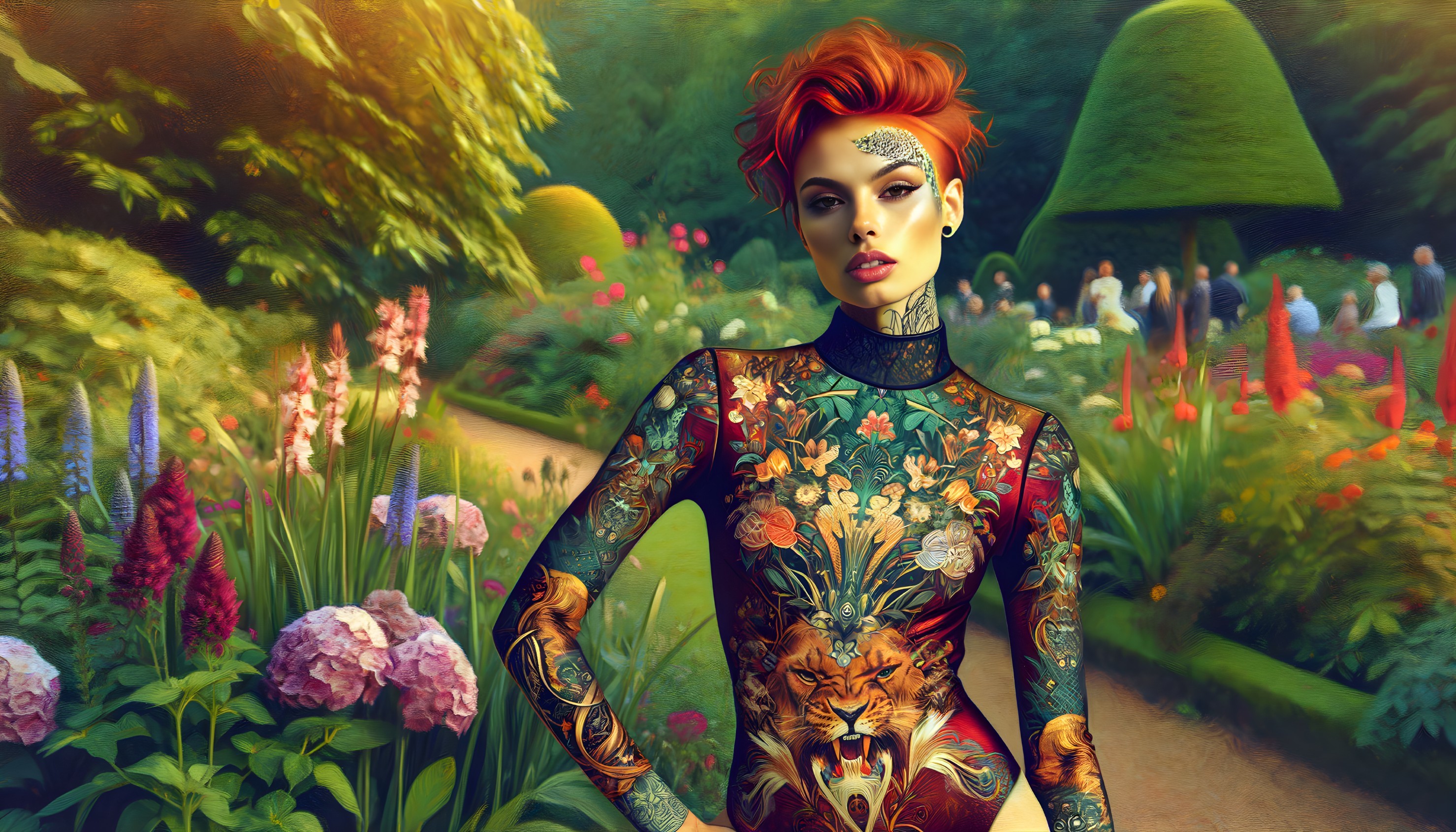 Model in Floral Bodysuit in Vibrant Garden Setting