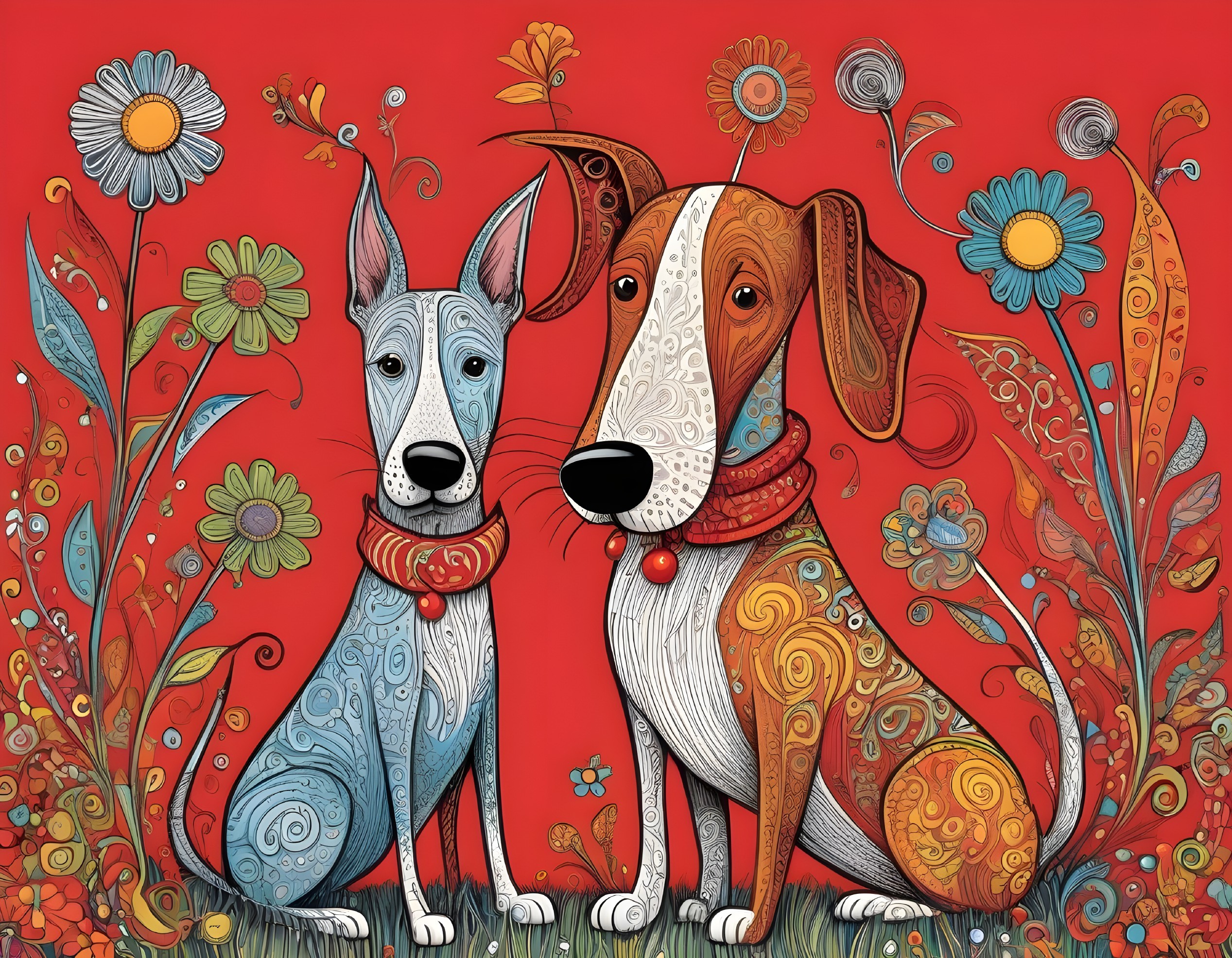 Stylized Dogs with Patterns on Red Background