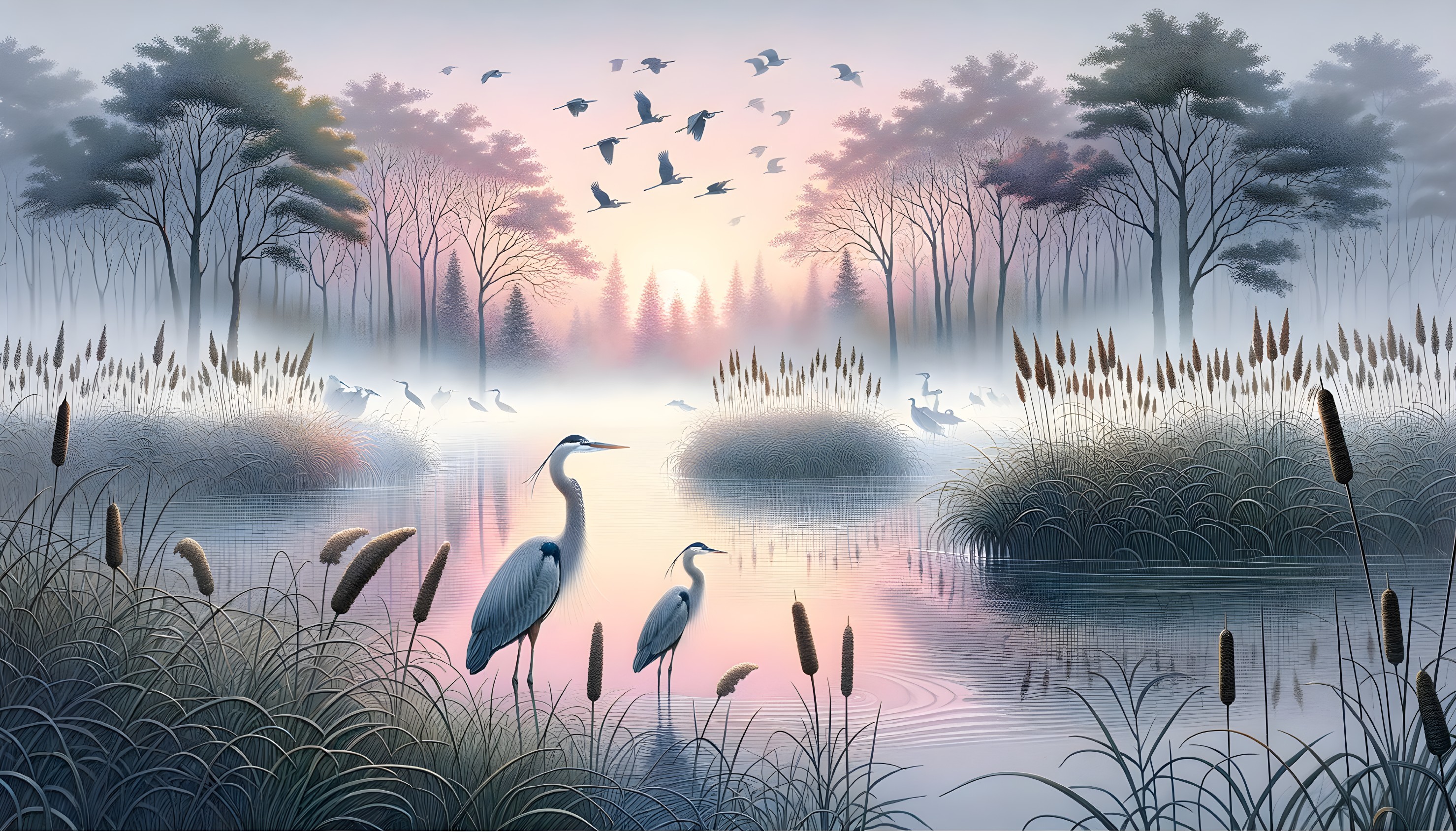 Serene Dawn Landscape with Pond and Herons